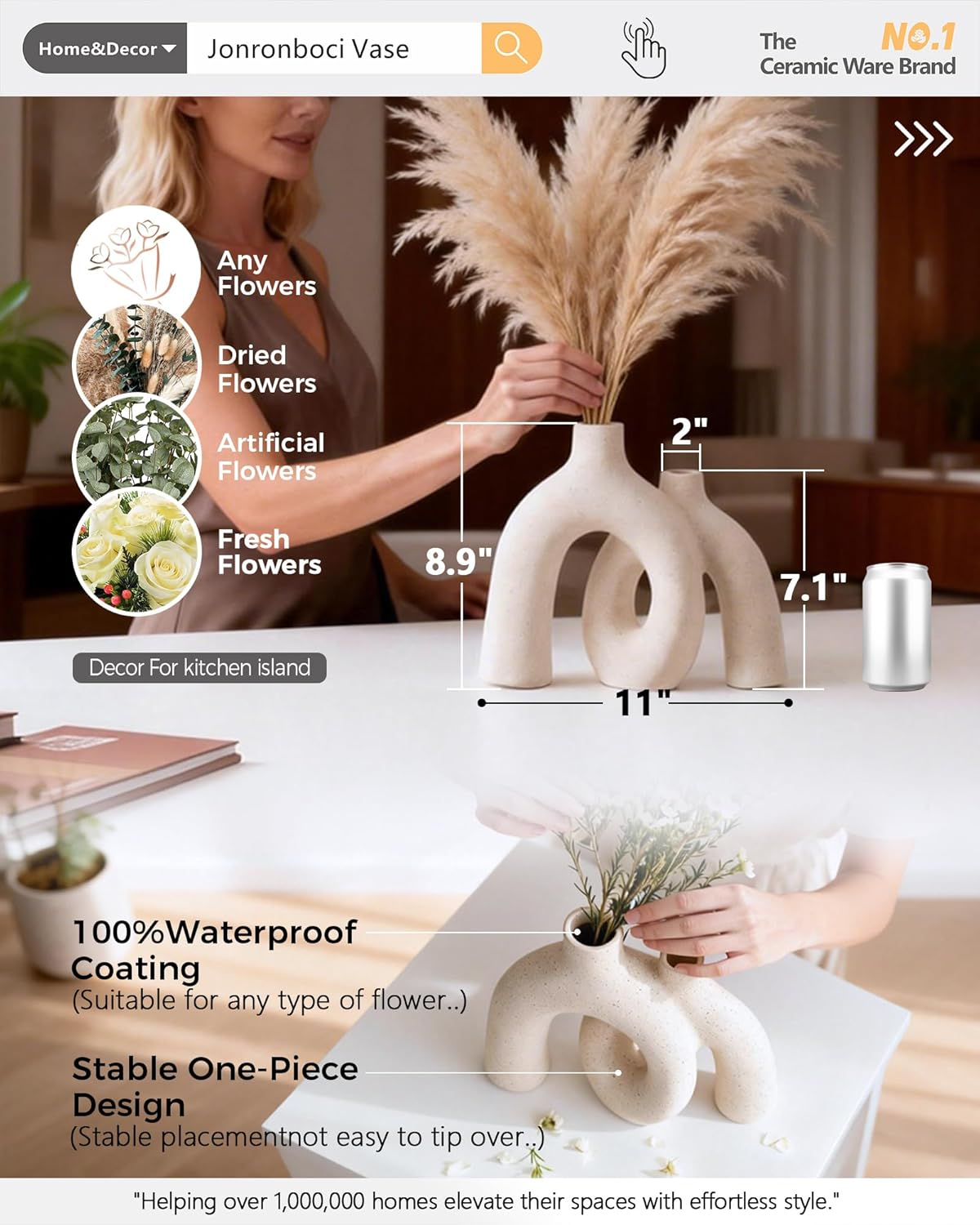 Hug Donut Decorative Vase Set - Modern Nordic Boho Style Vases Home Decor, Matte Ceramic Decorations for Living Room Shelf, Bookshelf Mantle Entryway Table or Console D&eacute;cor (Cream White) image number 3