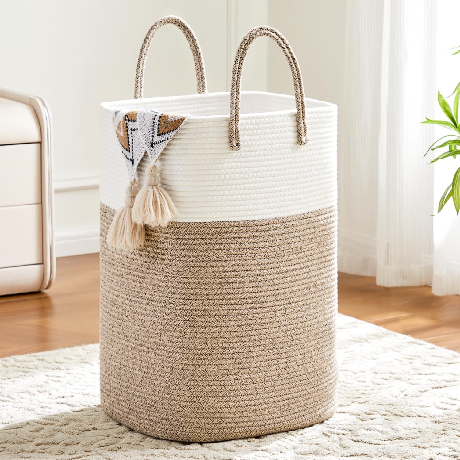 Laundry Basket, Woven Cotton Rope Laundry Hamper, 60L for Decor Storage of Dirty Clothes, Baby Toys and Blankets in Bathroom, Nursery, Baby Room, Bedroom and Living Room