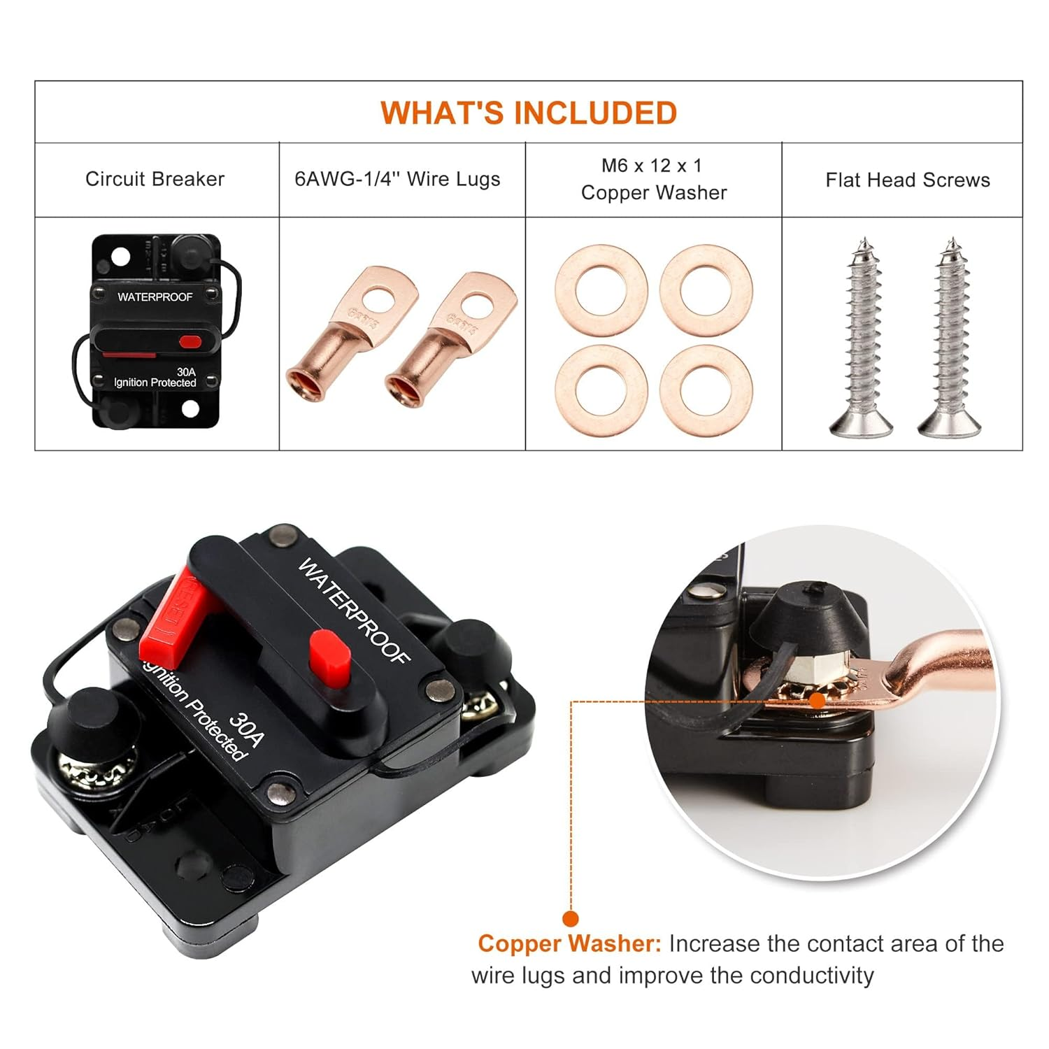 250 Amp Circuit Breaker with Manual Reset for Car Marine Trolling Motors Boat ATV Manual Power Protect for Audio System Fuse, 12V-48VDC, Waterproof image number 2