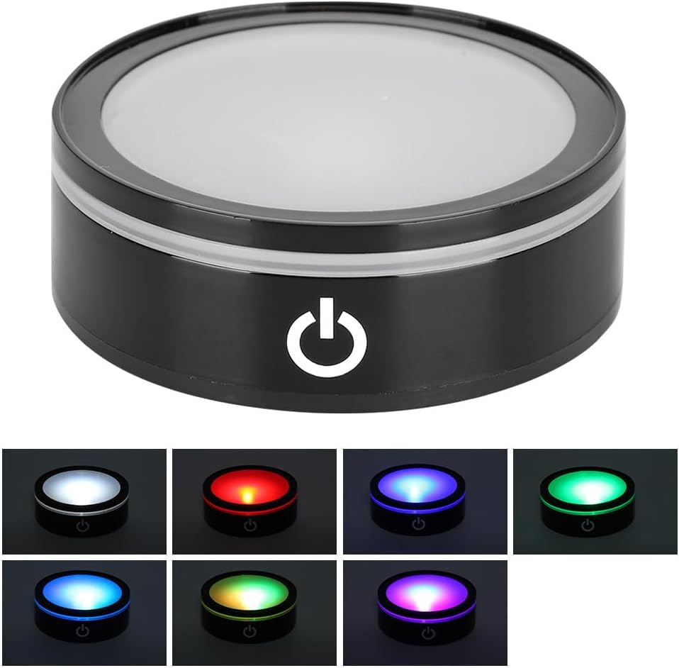 7 Colors LED Light Base, 3 Inch Battery Powered round Stand Display Plate, Flat Show Stand with Sensitive Touch Switch for Crystal, Art Glass, Acrylic Diameter 3In X Thickness 1In image number 5