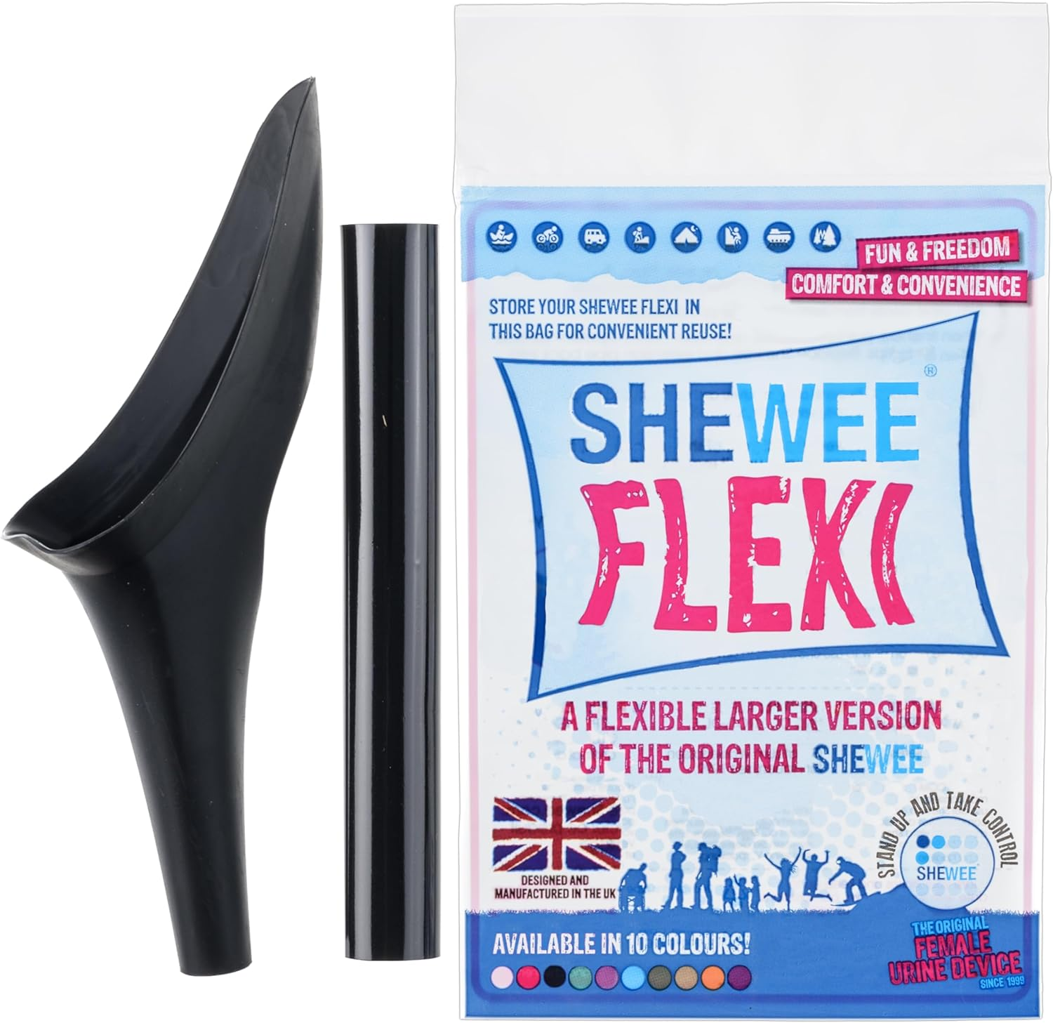 SHEWEE Flexi Female Urinal - Made in the UK &ndash; Flexible, Reusable, Portable & Recyclable Urination Device. Festival, Camping, Car, Hiking Essentials for Women. Stand to Pee Device W/Extension Pipe
