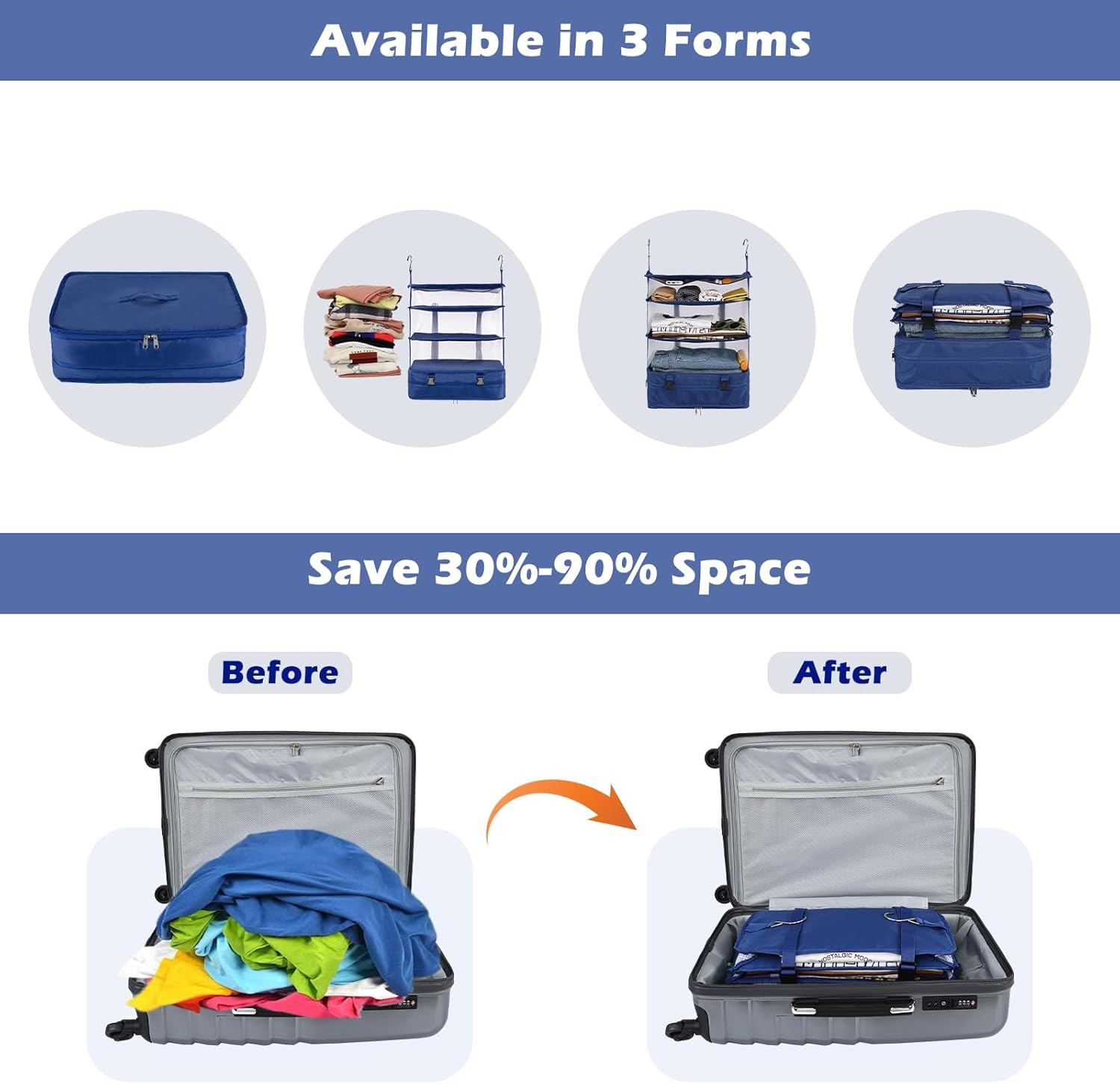 Surblue Hanging 3-Shelf Closet Organizer Pocket Collapsible Washable Oxford Fabric with 2 Hooks (XL 17.71 * 11.81 * 20In, Blue) image number 5