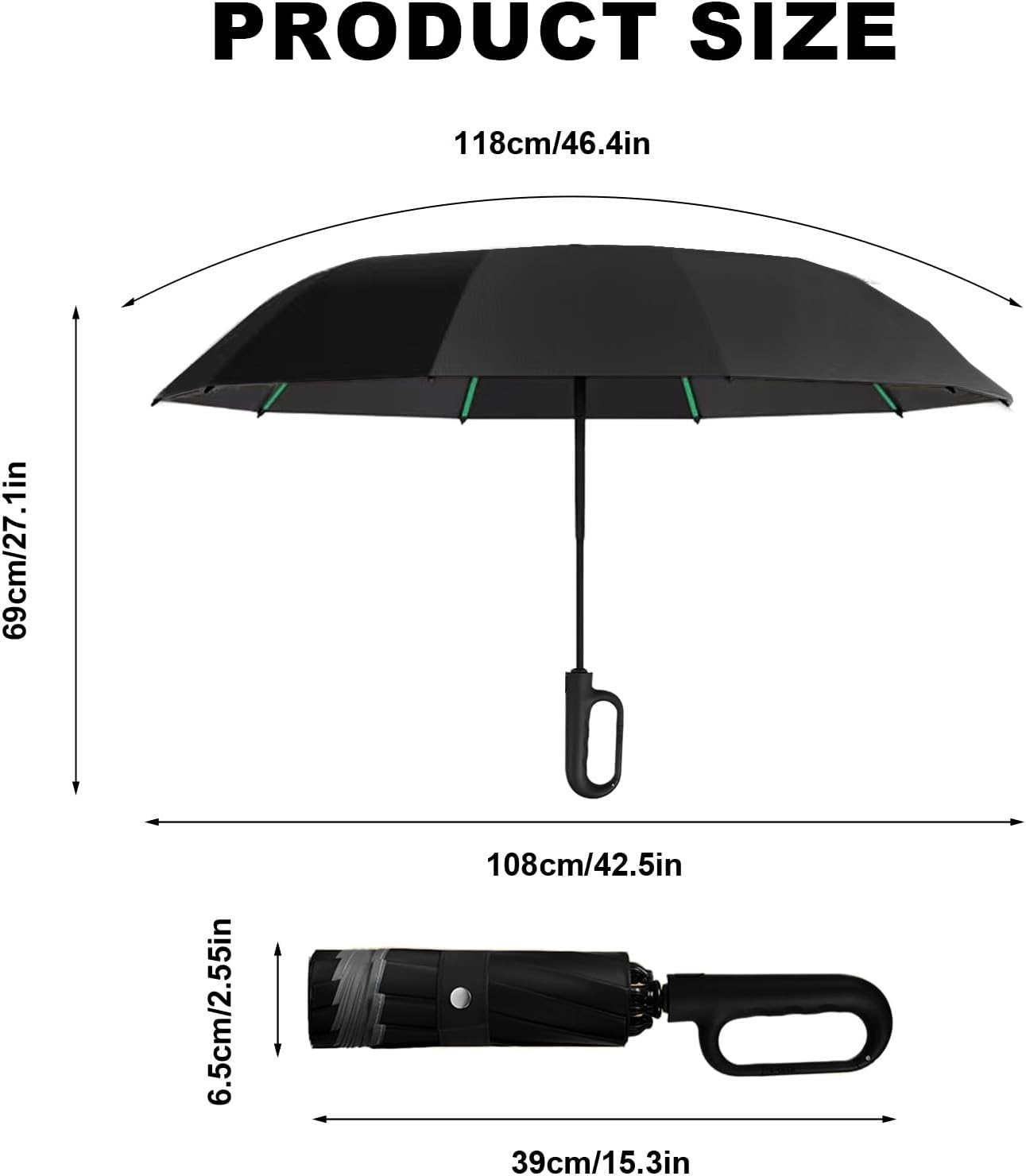 Folding Umbrellas, Automatic Extra Large Compact for Sun & Rain &ndash; Windproof Travel Parasol with Hooking Handle, Inverted Dry Close & Safety Reflective Strips (Black) image number 3