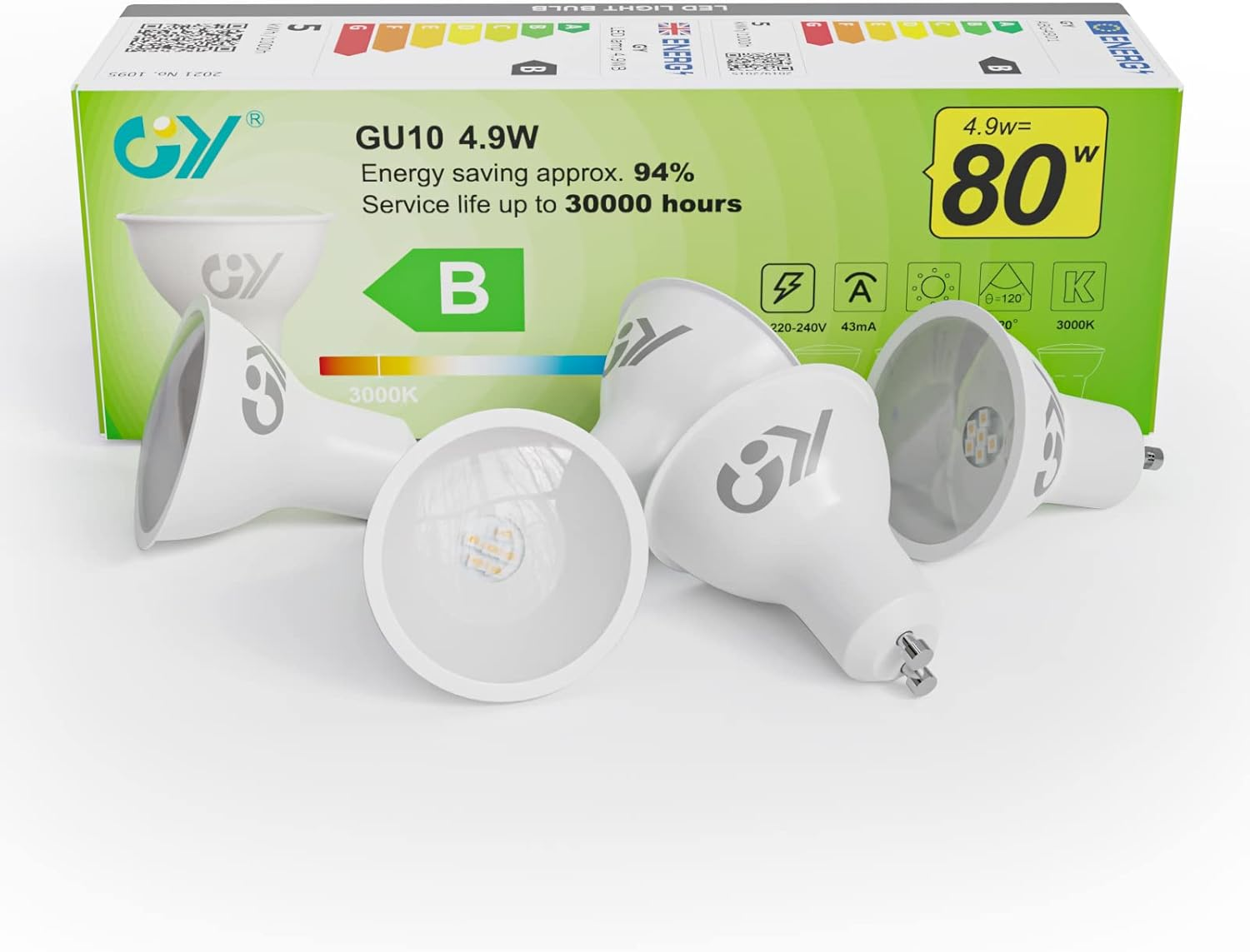 GY GU10 LED Bulb 4.9W 780Lm Warm White 3000K Energy Saving LED Bulb, Energy Efficiency Class B Replaces 80W, 110&deg;Beam Angle Non-Dimmable, 5 Pack image number 3