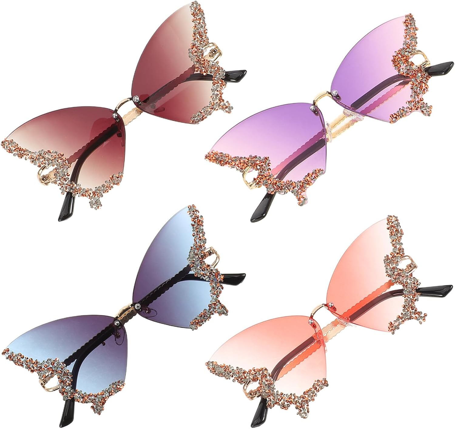 Yardenfun 4Pcs Rhinestone Butterfly Sunglasses for Women Lightweight Rimless UV Protection Retro Style for Beach Parties Festivals and Everyday Wear image number 3
