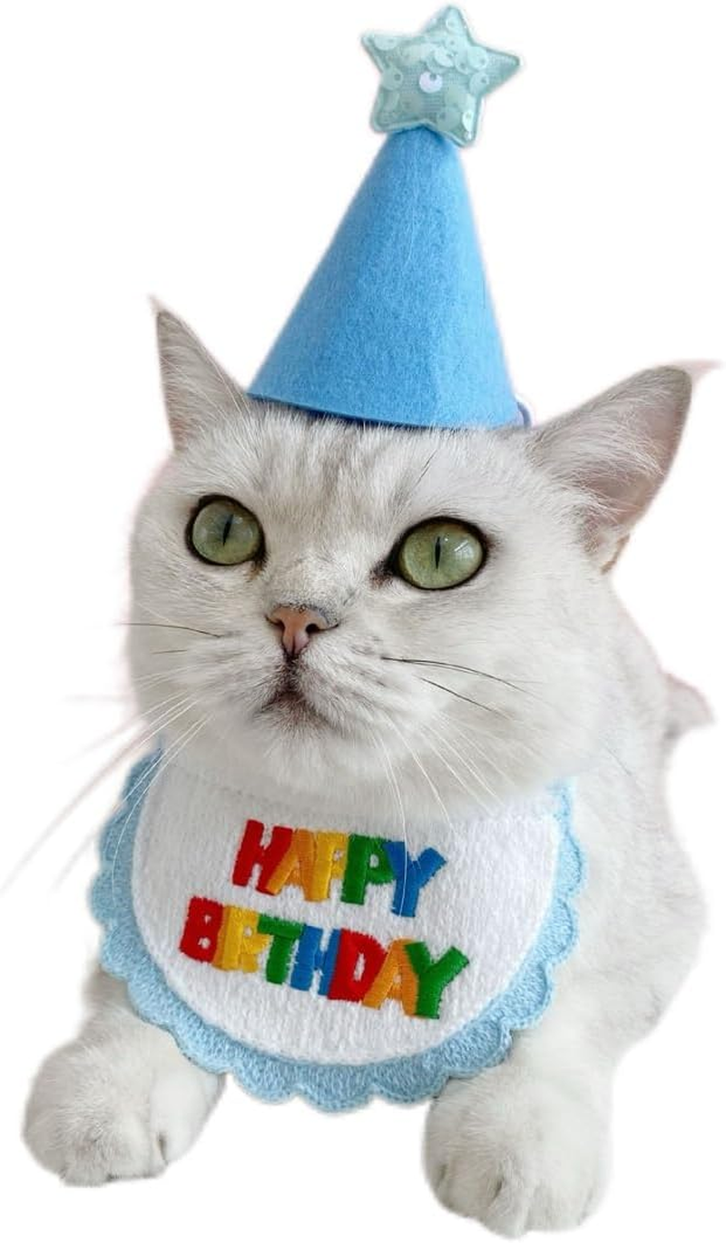 Pet Cat Dog Happy Birthday Scarfs and Party Hat Mini Doggy Cat Birthday Party Decoration Pet Birthday Outfit Pet Costumes Headwear Accessories (Blue, One Size) image number 4