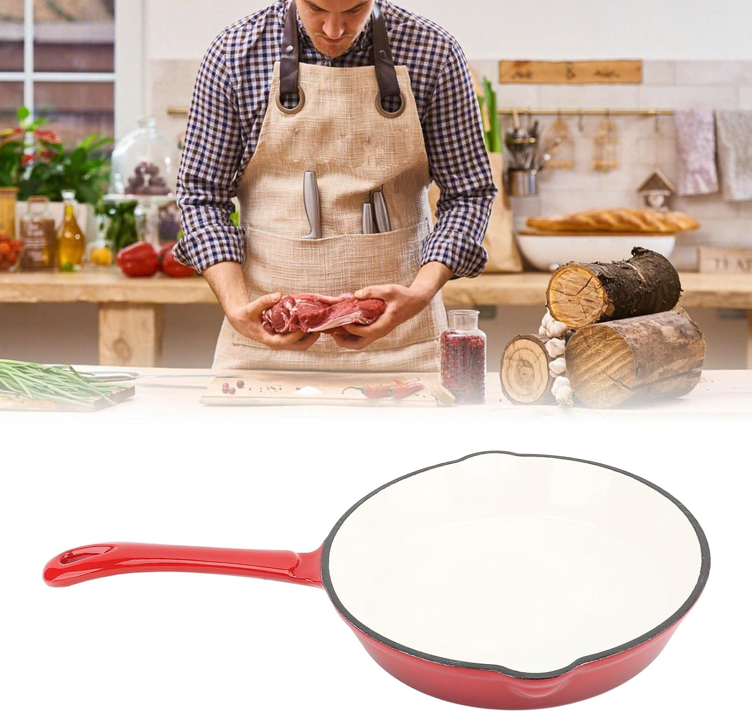 Enameled Cast Iron round Skillet, Nonstick Enameled Frying Pan with Long Handle, Frying Egg Omeltte Pan Skillet Grill Cookware for Camping Cooking Grilling (25Cm) image number 6