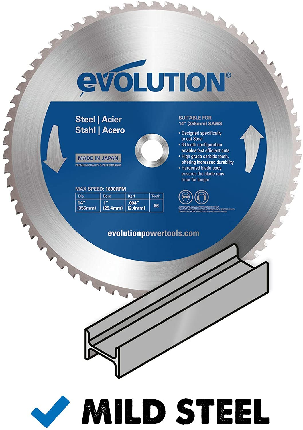 Evolution Power Tools 66TBLADE Blade for Cutting Mild Steel, for Circular and Chop Saws, Carbide-Tipped TCT Blade for Cold Metal Cutting, 66 Teeth, 355 Mm image number 7