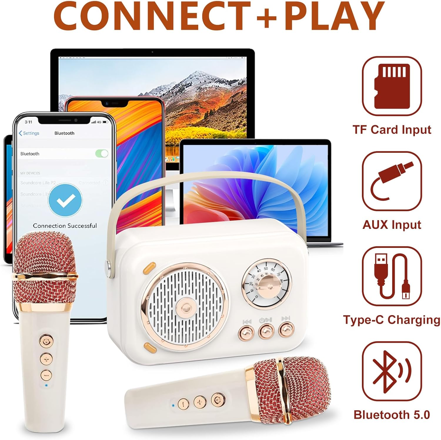 Retro Karaoke Machine, Portable Bluetooth Speaker Wireless Microphone Gifts Toys for Kids and Adults Family Home Party Microphone (White) image number 1