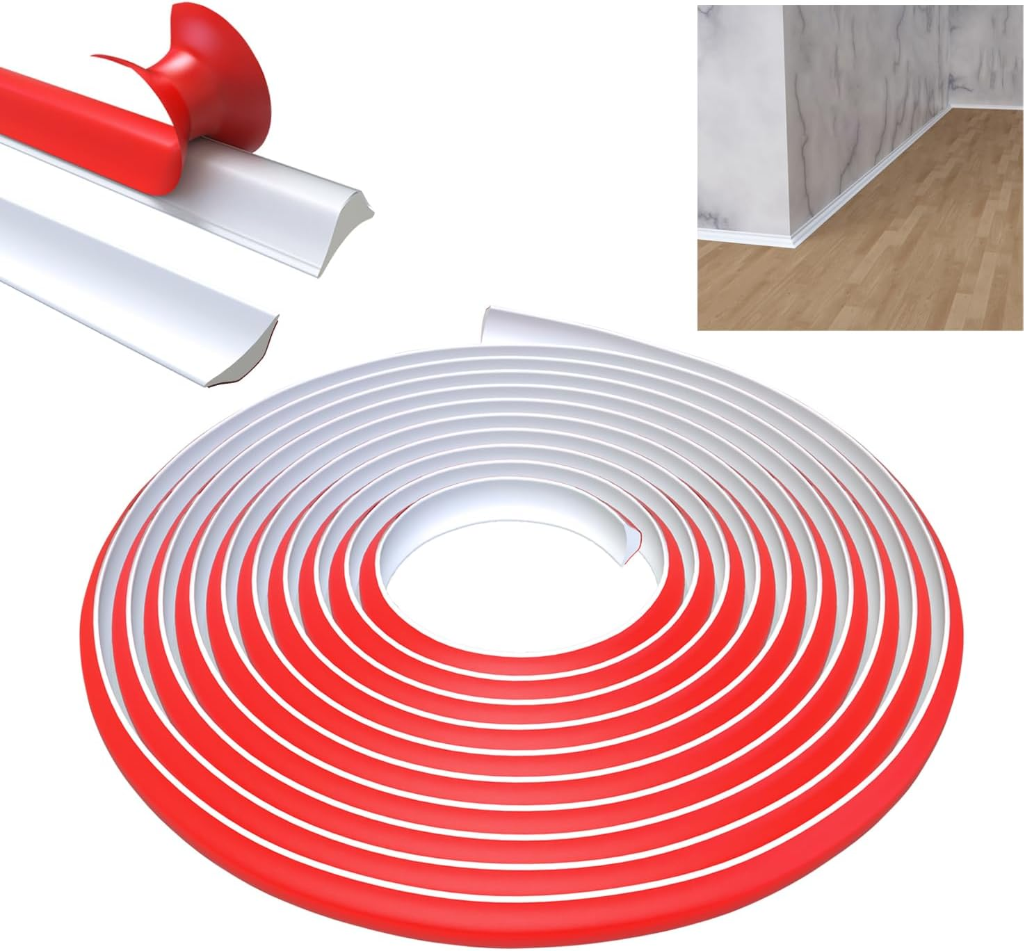 8 Metres PVC Corner Trim, Flexible Self Adhesive Floor Edge Trim, Peel and Stick Wall Moulding Trim, Quarter round Molding Trim, Skirting Board Edging Trim for Floor, Tile, Kitchen (12X9 Mm, White) image number 3