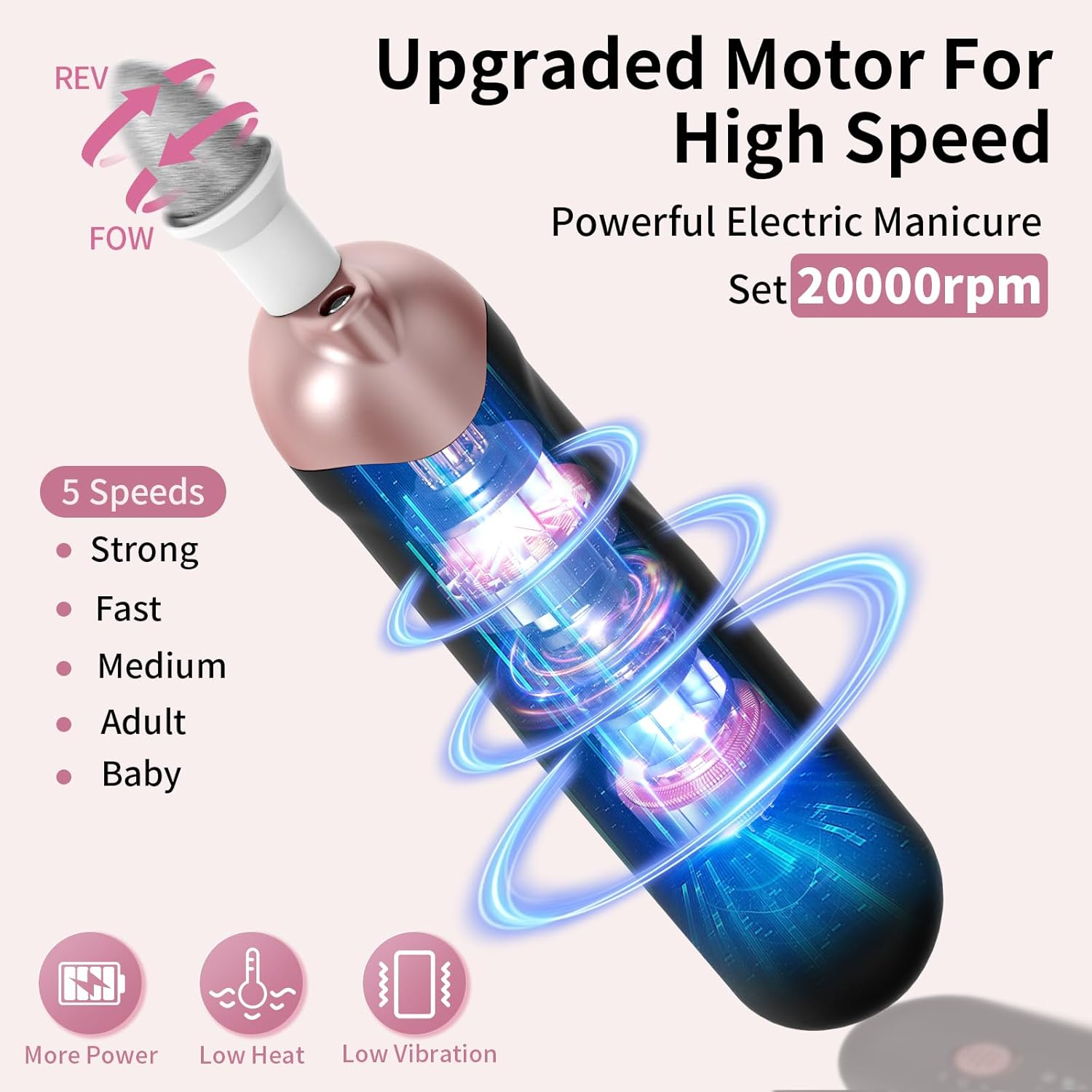 Professional Manicure Pedicure Kit, Cordless Electric Nail File Set, Rechargeable Pedicure Tools for Feet, 5 Speeds Hand Foot Care Nail Drill for Thick Nail Toenail Cuticle Women Men Baby Pets - Green image number 2