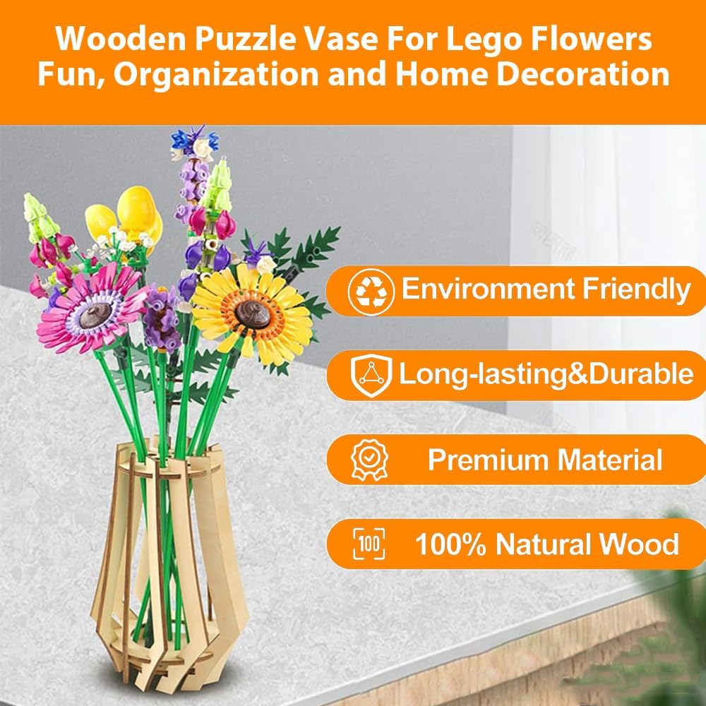 Wooden Puzzle Flower Vase, Wooden Vase for  Flowers, 3D Assembly Model Kit, 2 Pcs Wood Display Stand Vase, Display Stand for Flowers, Perfect for Dried Flower, Artificial Blooms Ornament image number 3
