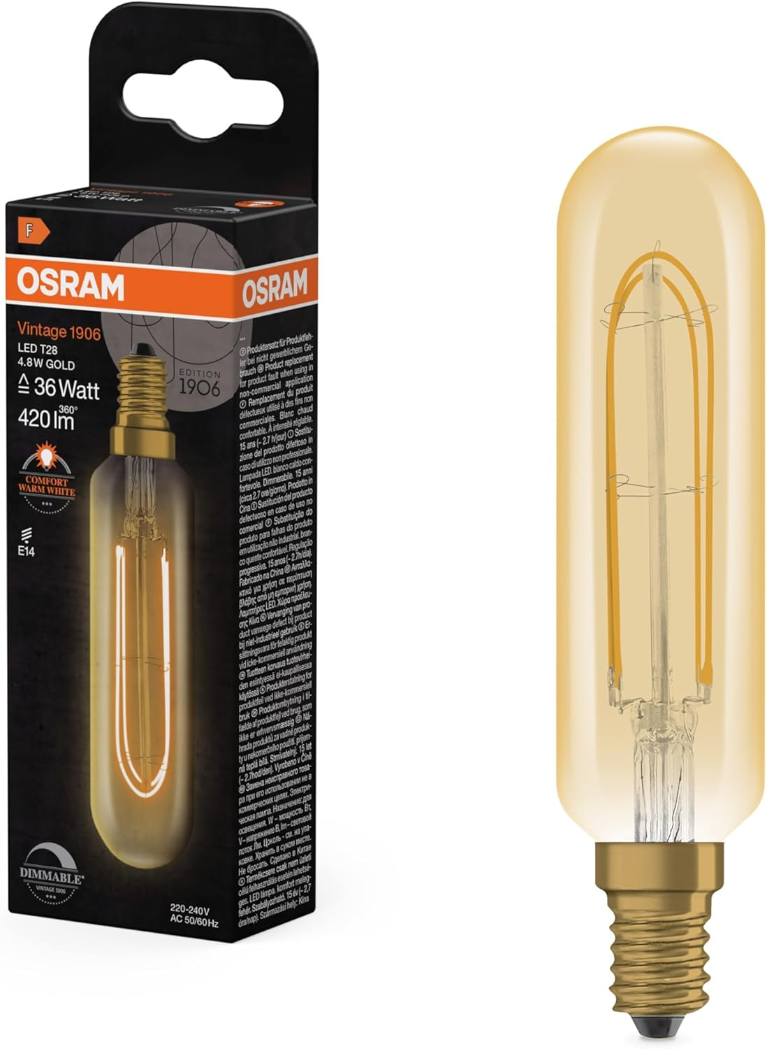OSRAM Vintage 1906 LED Bulb E14 Filament Gold 4.8W 420LM Dimmable 2200K Glass Replacement Incandescent Decorative Lead Free Indoor image number 2