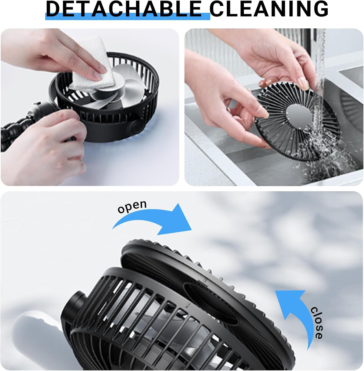 USOR Pram Fan, 4 Speed Portable Clip on Stroller Fan for Baby5000Mah Battery Operated Personal Desk Fans with Flexible Tripod Mini Handheld Usb Fan Rechargeable for Car Seat Treadmill Camping Black image number 5