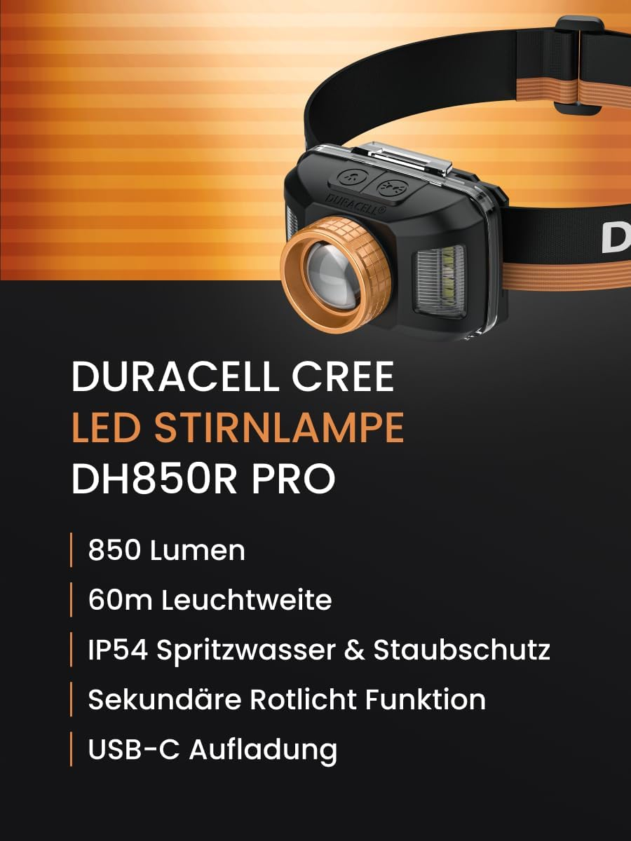 Duracell DH850R Pro LED Headlamp - 850 Lumens, Focusable, 50 M Beam Range, Red Light Function, Dualpower, USB-C Rechargeable, Lithium Battery, Various Light Modes, Includes Gift Box image number 4
