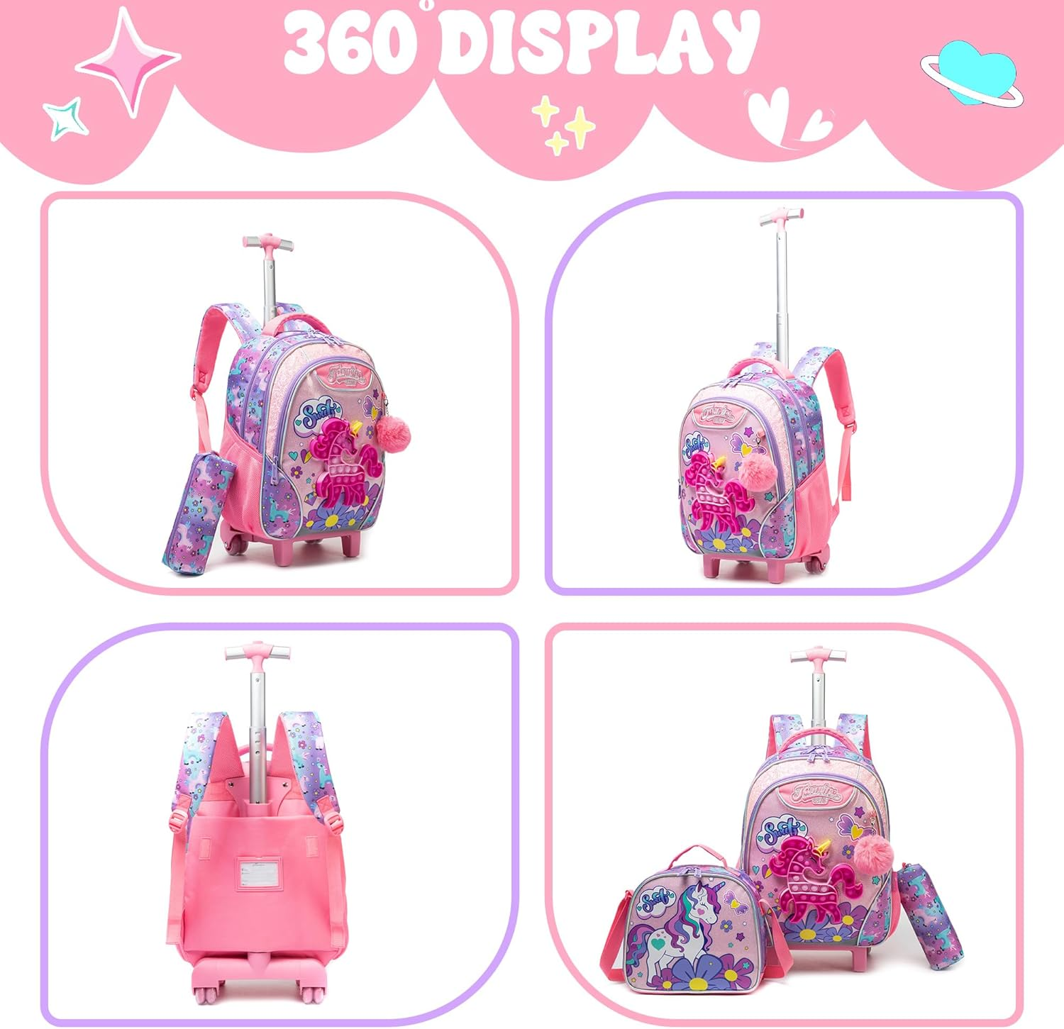 Meetbelify Rolling Backpack for Girls with Pencil Case&Lunch Bag School Bags Trolley Wheeled Backpacks image number 6