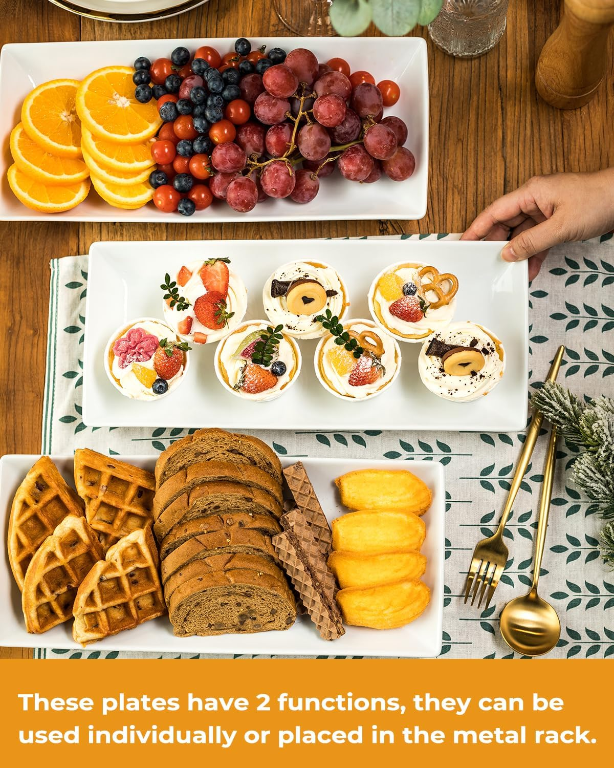 Large 3 Tier Serving Stand Tiered Serving Trays Collapsible Sturdier Rack with 3 Porcelain Serving Platters for Fruit Dessert Presentation Party Display Set, 14 Inch image number 3