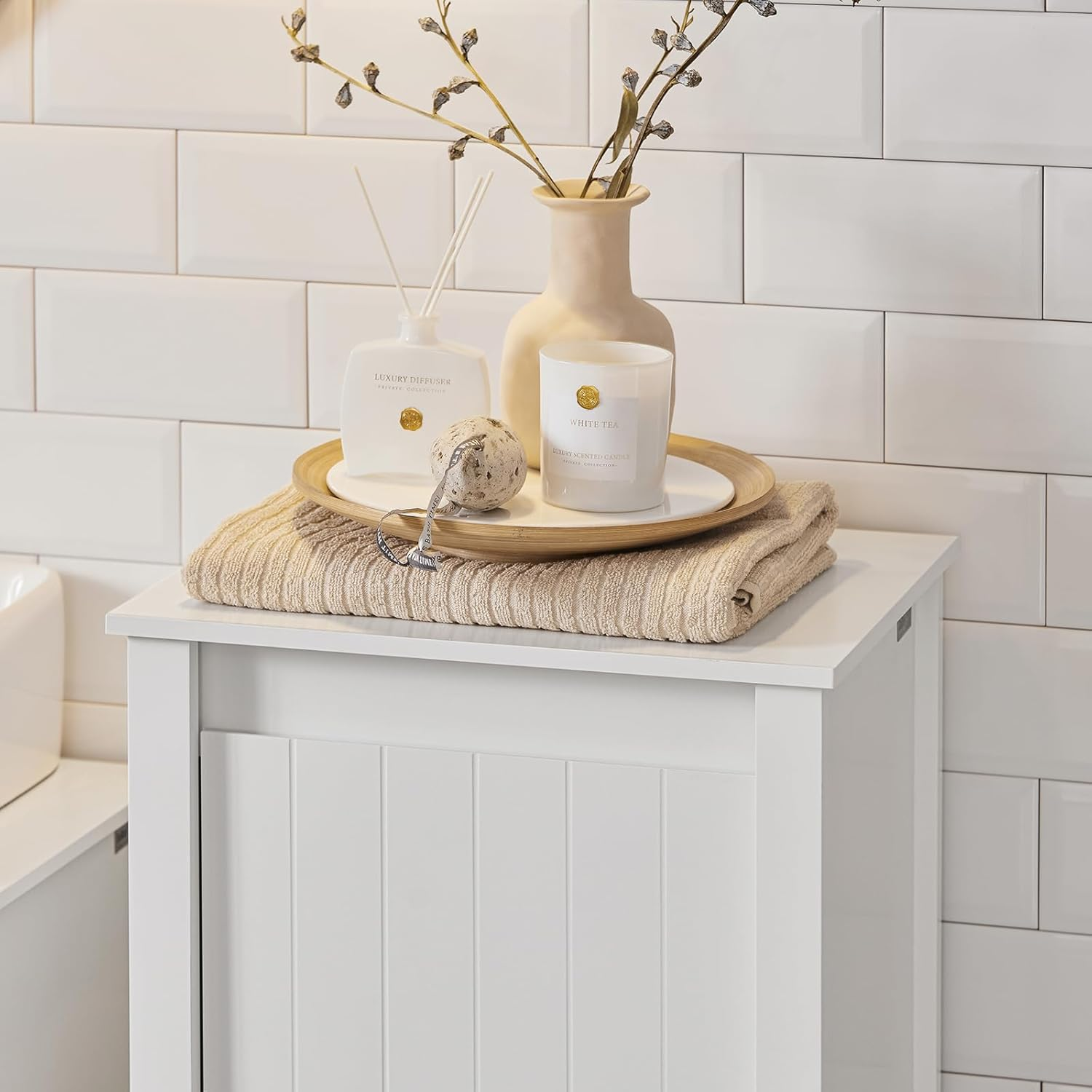 Sobuy Bathroom Cabinet Laundry Cupboard Cabinet Chest Tilt Out Laundry Hamper Bathroom Storage Cabinet with Removable Laundry Basket BZR100-W