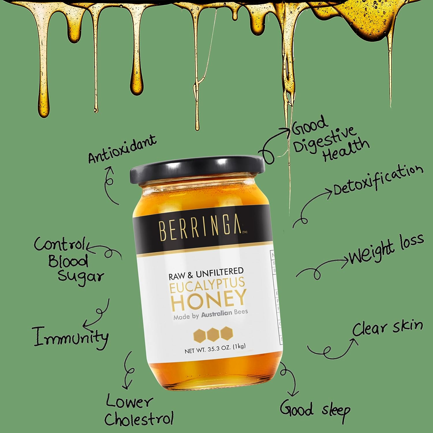 Berringa Certified Eucalyptus Honey 1KG - Australian Raw Honey | Unfiltered | 100% Pure Genuine Locally Sourced | Cold Extracted | Non-Gmo Superfood | Gluten Free Food | Bulk | Glass Jar image number 4