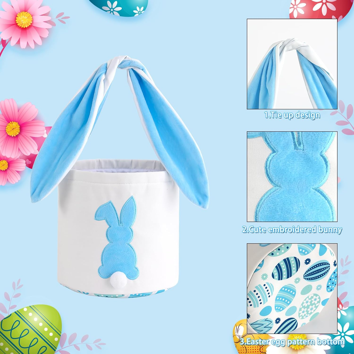MONOBLANKS Easter Bunny Basket Bags Carrying Gift and Eggs Hunt Bag,Rabbit Canvas Toys Bucket Tote (A-Blue) - A-Blue image number 5
