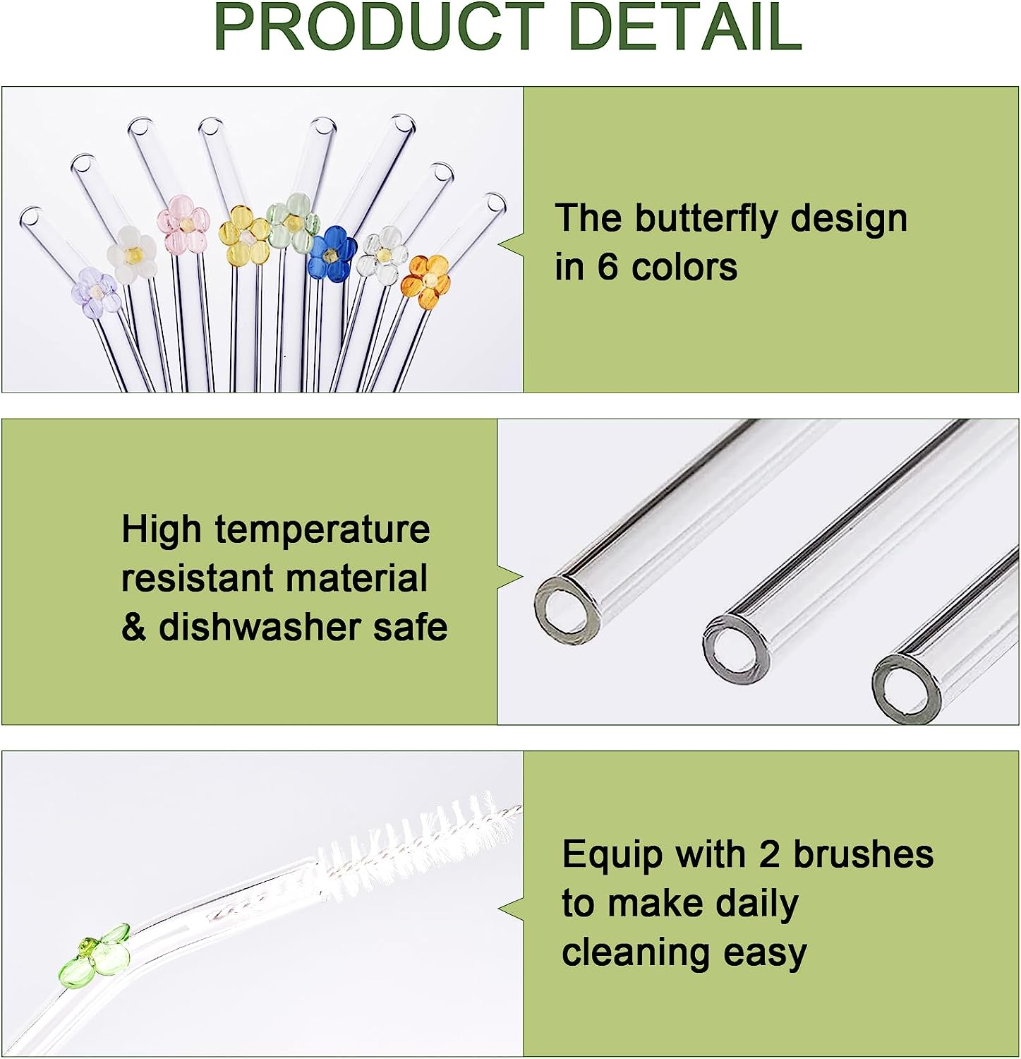 8Pcs Reusable Drinking Straws, Flower Glass Straws, Food Grade Reusable Straw with 2Pcs Cleaner Brush, Cute Clear Glass Straws with Design for Drinking Smoothies, Juices, Shakes, Cocktails image number 2