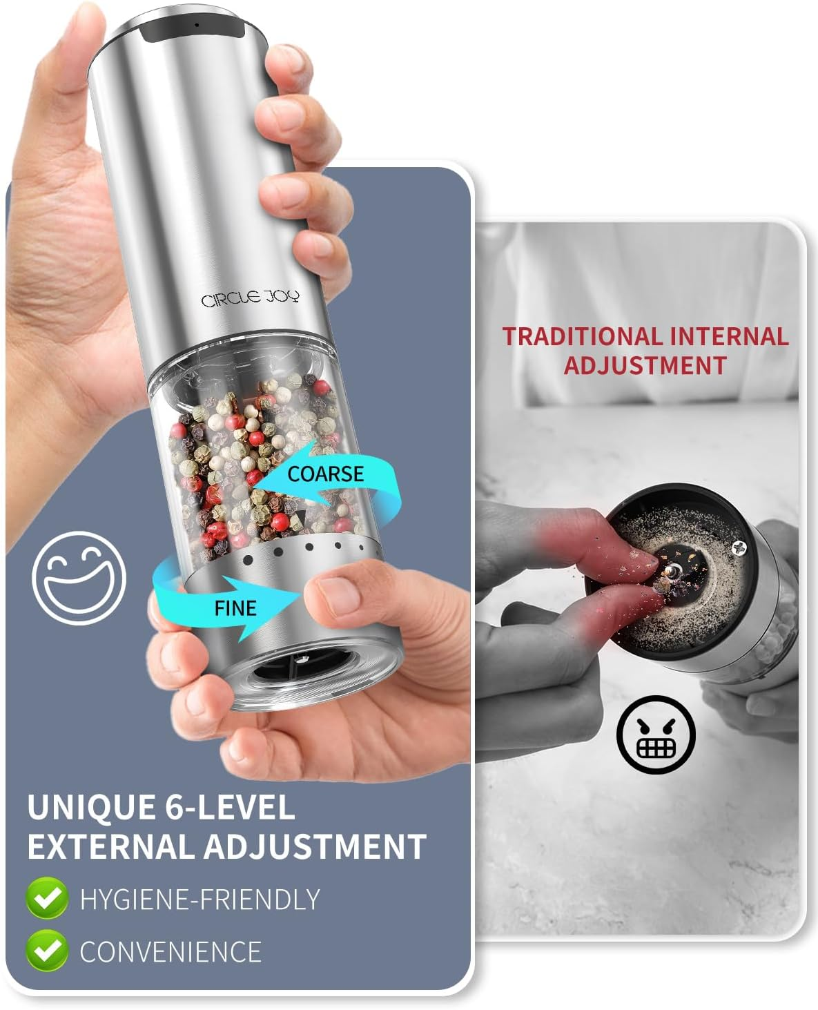 CIRCLE JOY Electric Salt and Pepper Grinder Set Stainless Steel Rechargeable Salt Pepper Mill Set with External Adjustable Coarseness, Storage Base, White LED Light, USB Cable image number 6