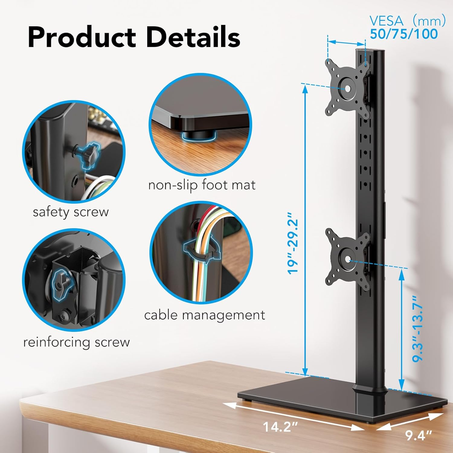 AX WABER Dual Monitor Stand Vertical Stack Screen Free-Standing Desk Mount Arm Riser Fits Two 13 to 34 Inch Computer Monitors with Swivel,Tilt, Height Adjustable,Vesa Stand 100X100Mm, 75X75Mm AX05TB02 image number 4