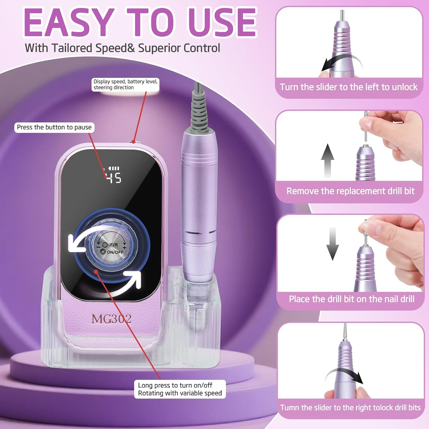 Professional Electric Nail Drill File, 45000RPM Rechargeable Cordless Nail Drill Kit Portable with 7 Bits & Base, HD Display, Low Noise for Shaping, Manicure, for Salon, Home Use (Purple) image number 3