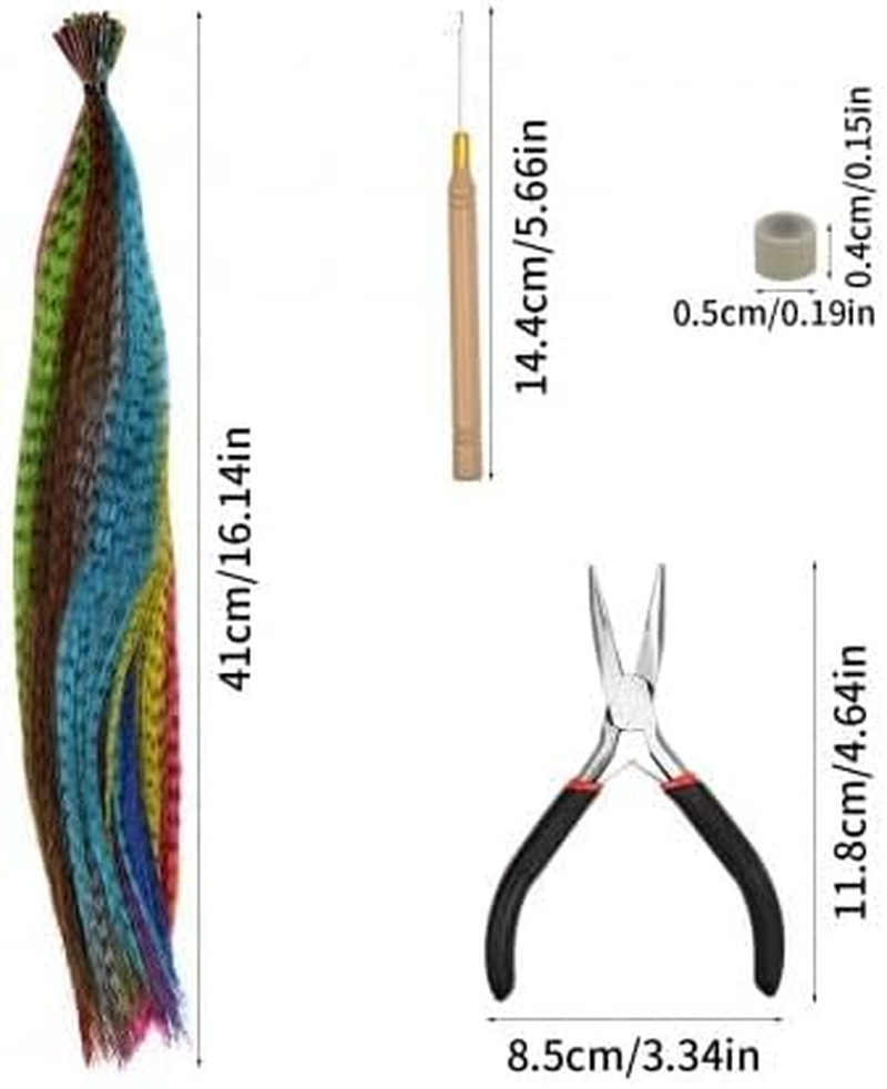 Pack of 50 Feather Hair Extensions Set, Colourful Faux Feather Hair Extensions, Coloured Hair Extensions Clips, Synthetic Hair Strands Extensions Highlights with 100 Silicone Ring, Pliers and Crochet image number 6