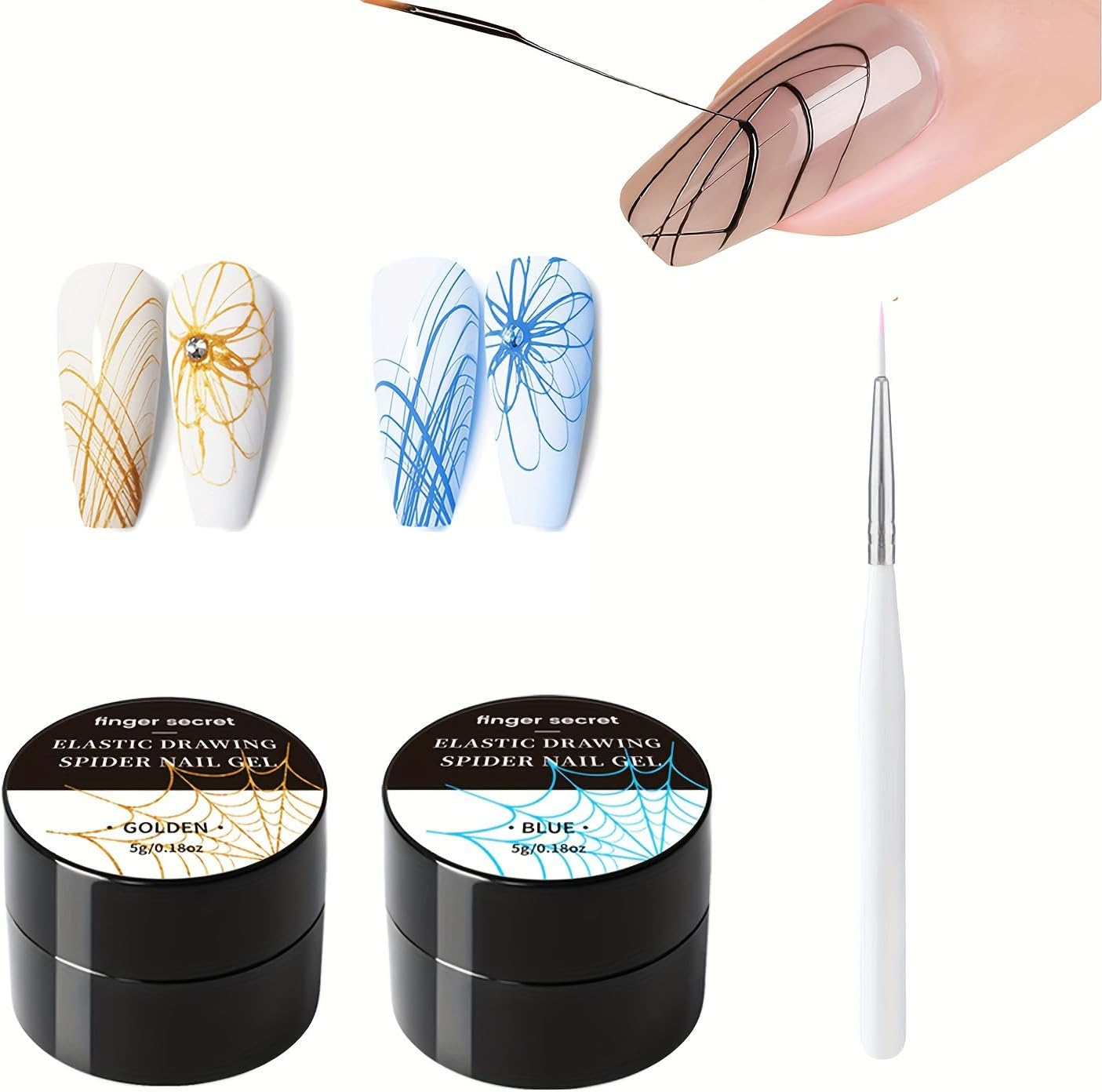 Finger Secret Spider Nail Gel 5G/0.18Oz,2Colors Nail Spider Gel,Spider Web Gel Nail Art,Spider Gel Drawing Gel Nail Polish Set Nail Art Wire Drawing Gel for Line with Nail Art Brushes (White Black)