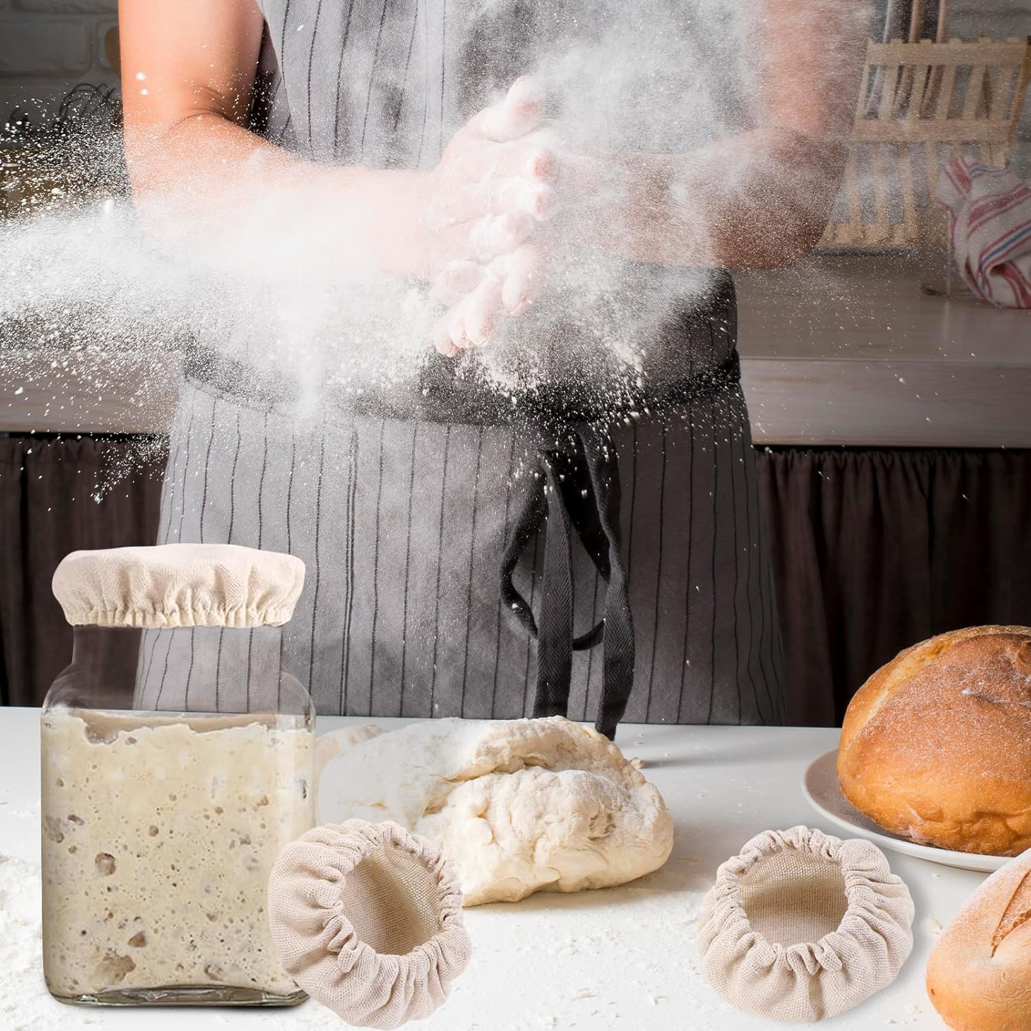 Sourdough Starter Jar Covers - 4Pcs Elastic Cotton Cloth Covers for Bread Proofing, Stretchy Bowl Lids image number 3