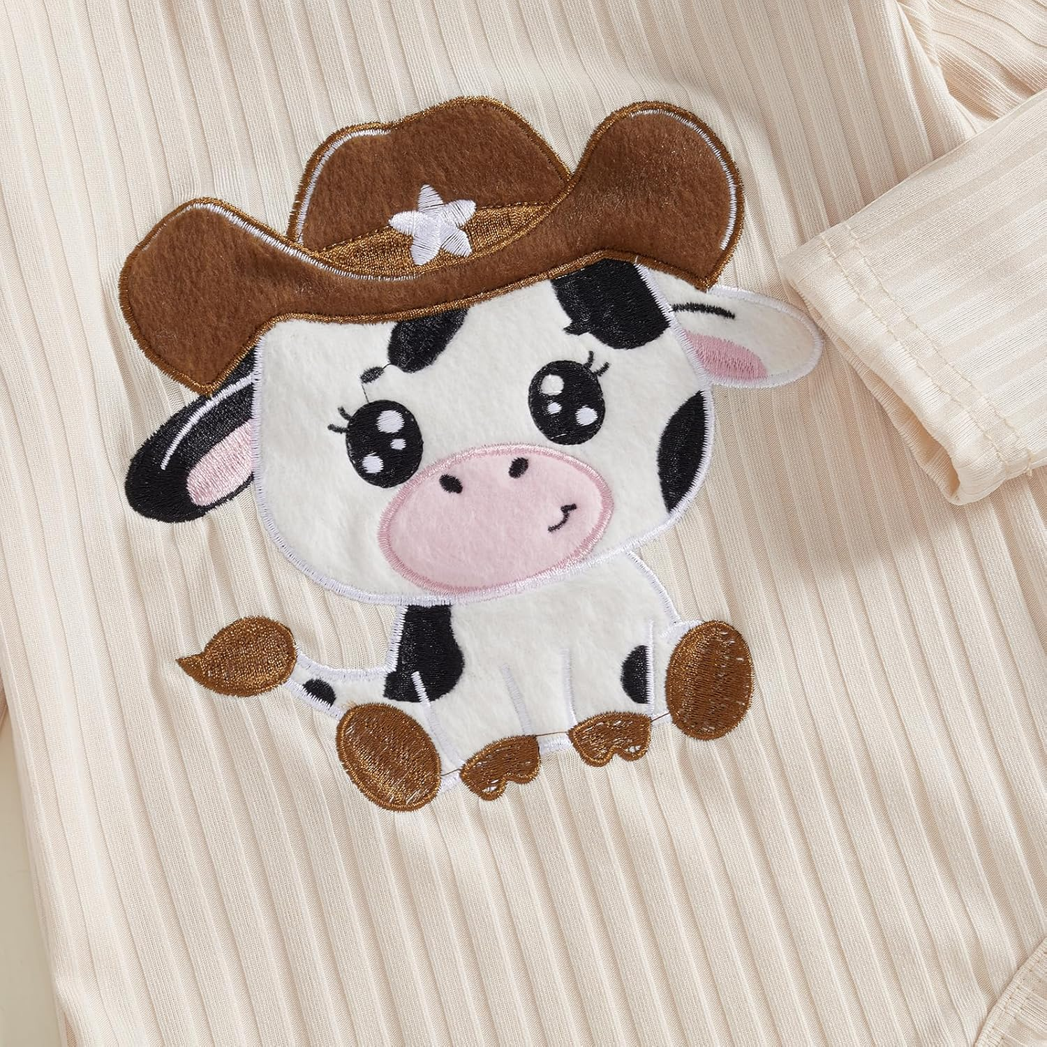 Omkzanbi Western Baby Girl Clothes Cow Print Ruffle Bodysuit Bowknot Jogger Pants Headband Country Cowgirl Coming Home Outfit image number 2