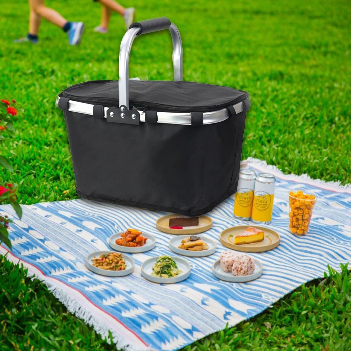 AIMALL Portable Folding Picnic Basket with Aluminium Foil Insulation, 24X39X23Cm Oxford Lunch Cooler Bag for Outdoor Camping, Takeaway, Shopping and Fast Food Storage - Black image number 6