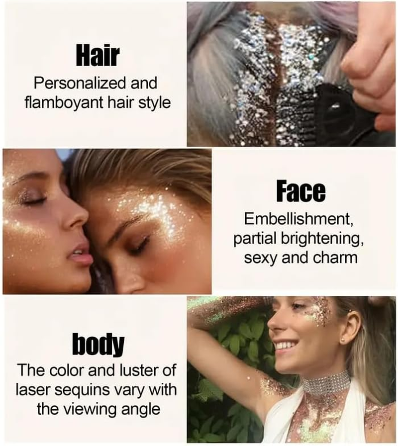 Face & Body Glitter Gel, 6 Shapes Festival Makeup Glitter, Chunky for Face Hair Nails, Holographic Cosmetic Laser Powder Festival Makeup (White, Glitter Gel) - Blue image number 5