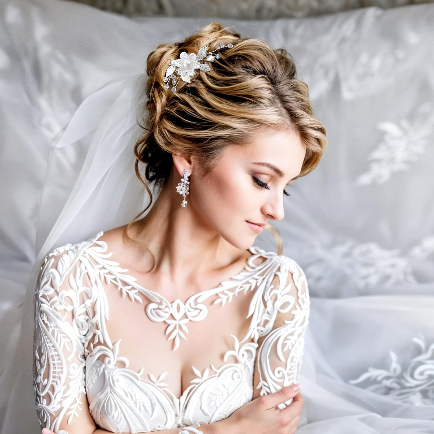 Flower Hair Clips for Women, 2PCS White Flower Clips Silver Leaf Vine Floral Girl Hair Accessory, Pearl Hair Accessories for Brides and Wedding Women image number 1