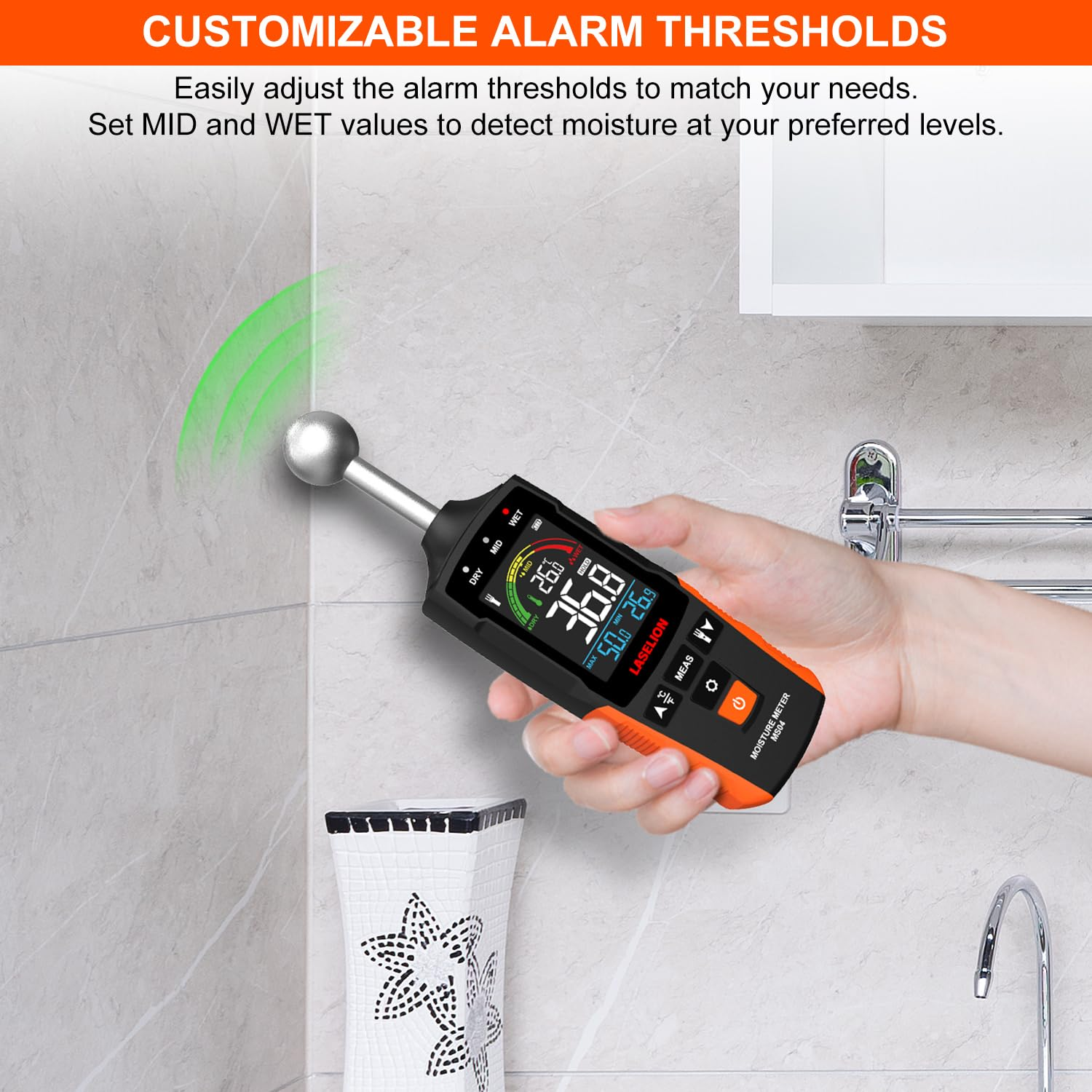 LASELION MS04 Pinless Moisture Meter with Ball Probe for Non-Destructive Area Scans Ideal for Wood Walls and Construction Materials Customizable Humidity Alarms Built-In Flashlight