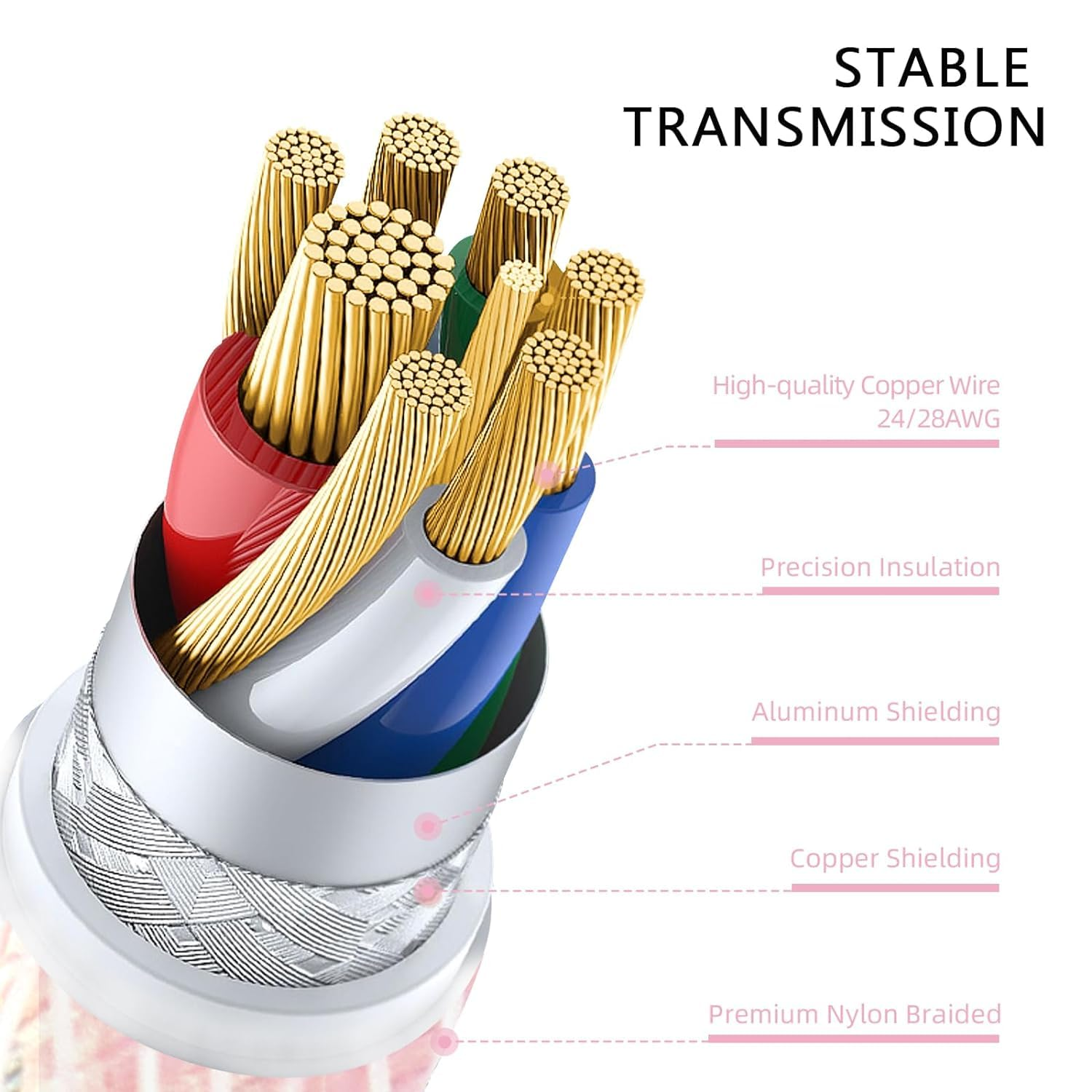 ATTACK SHARK Custom Coiled USB C to a Cable for Gaming Keyboard,Double-Sleeved Starlight Braided Cable with Detachable Metal Aviator 24K Gold Connector 1.7M-2.2M for Phone/Ps4/Android/Xbox-(Pink) - Gray image number 4