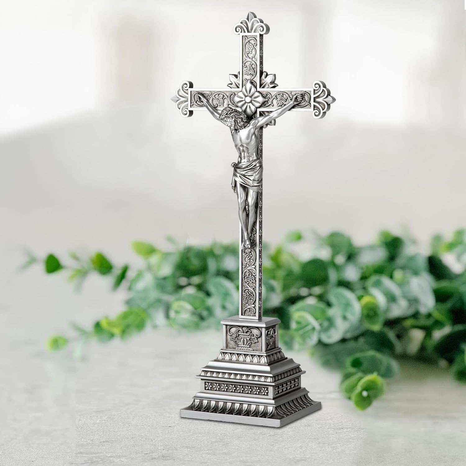 Standing Crucifix - 16 Inch Jesus Cross with Base for Home Table Decor, Silver Crucifix Standing Cross Catholic Wedding Altar Religious Gifts image number 3