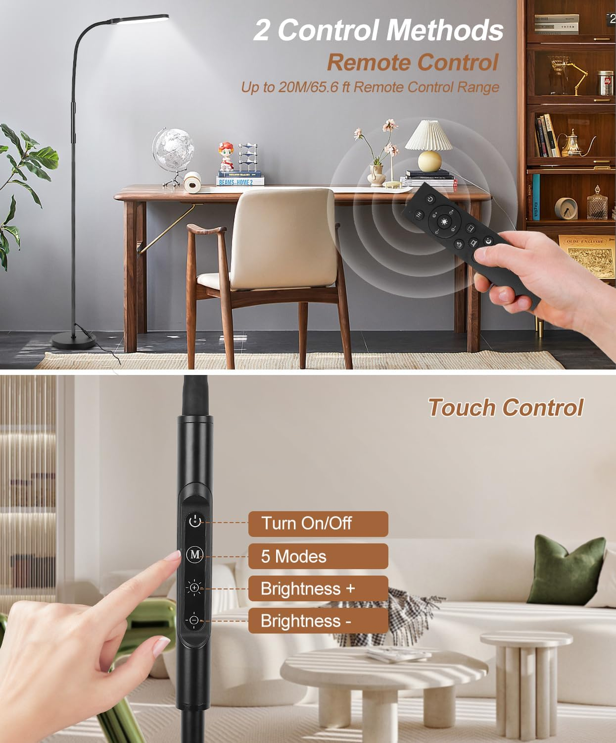 Bright LED Floor Lamp for Living Room, 15W 1000LM Gooseneck Reading Light with Remote& Touch Control, Adjustable 2000K-6000K Colors& Brightness,1H Timer, Modern Standing Lamp for Bedroom Office image number 3