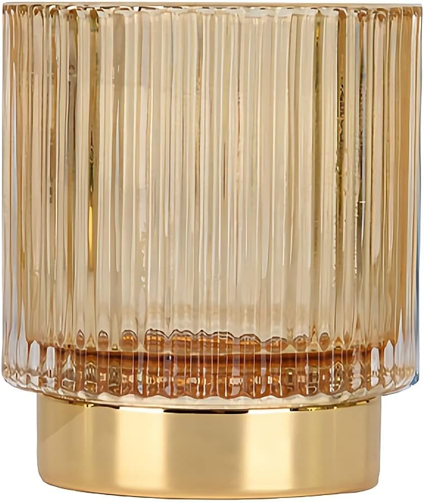 DASITON Makeup Brush Holder Organizer,Crystal Cosmetic Makeup Brush Glass Brushes Storage Holder,Vintage Makeup Brush Cup Pen Pencil Holder Striped Vase(Coffee L)