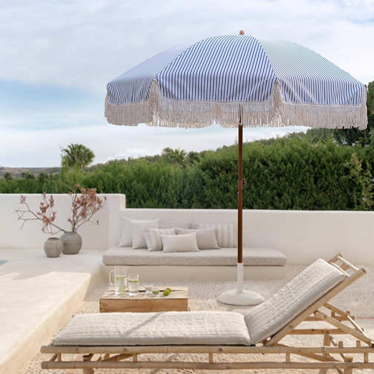 AMMSUN 7Ft Patio Umbrella with Fringe Outdoor Tassel Umbrella UPF50+ Premium Steel Pole and Ribs Push Button Tilt, Navy Blue Stripes - Navy Blue Stripes image number 5