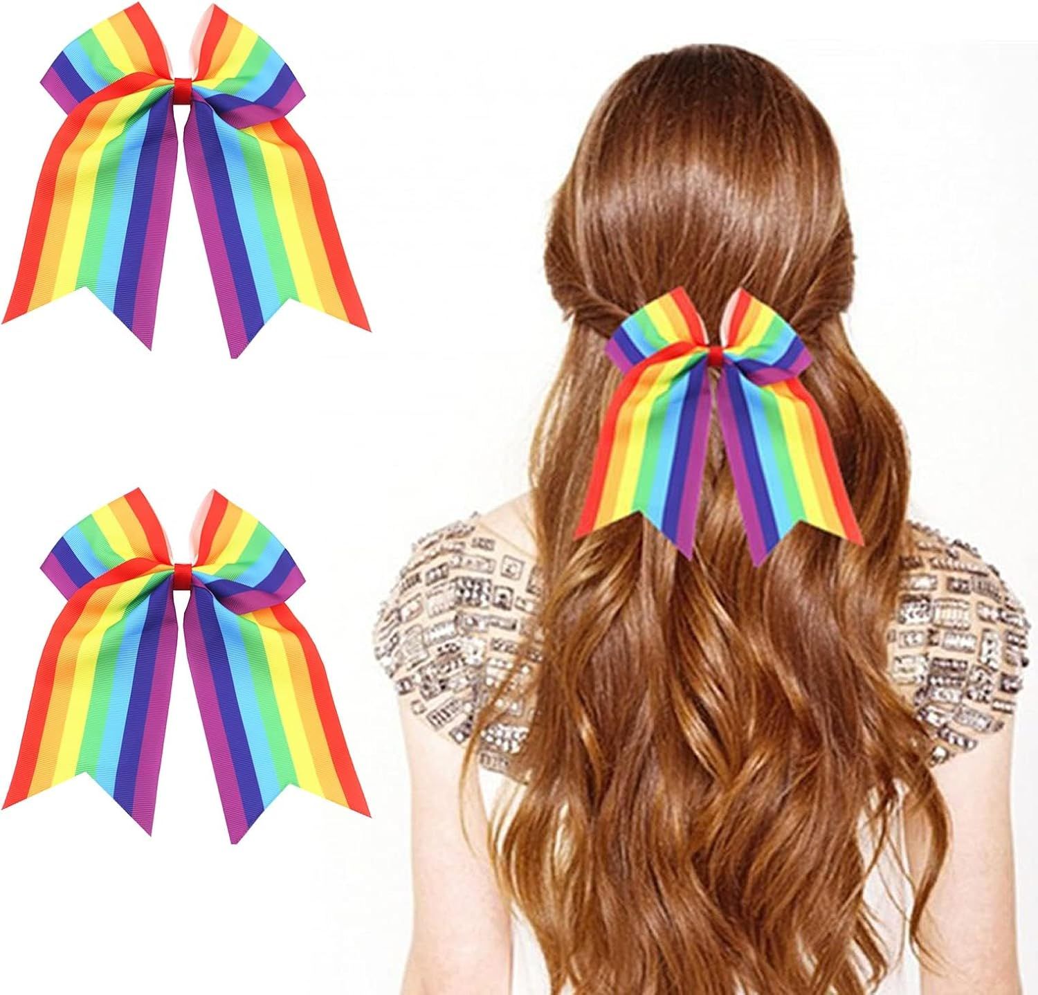 2 Pack Jumbo Rainbow Cheer Hair Bows - 8 Inch Ponytail Holders with Elastic Bands, Cheerleading Hair Accessories for Gay Pride Day image number 2