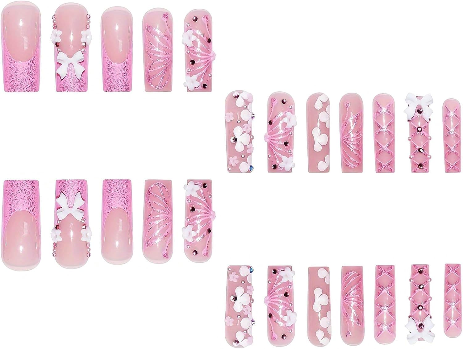 RUOKEXIN Square Long False Nails, Pink French Tip, Glitter, Butterfly Designs, Glue White Flowers, Artificial Cute Stick for Women, 24 Pieces image number 3