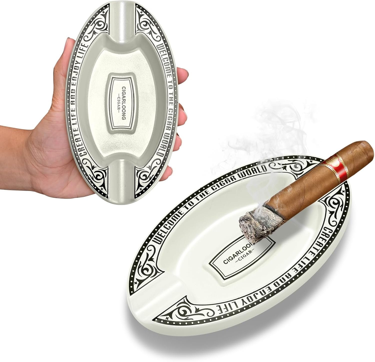 Outdoor Cigar Ashtray, Resin Ashtray, Portable Oval Cigar Ashtray with 2 Slot for Home, Patio, Travel Use(Black)