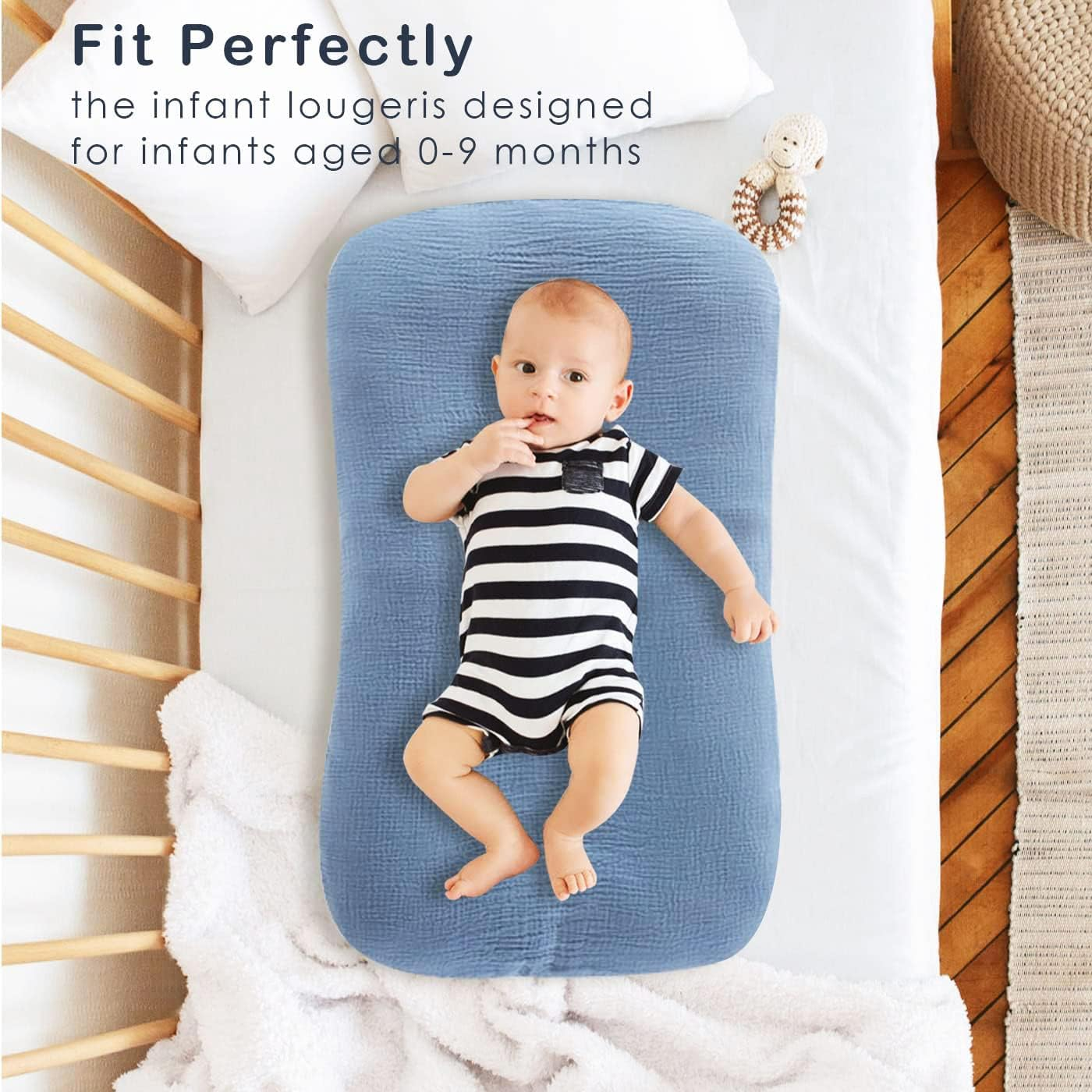 Muslin Baby Lounger Cover 4 Pcs, Soft Cotton Slipcover for Infant Padded Lounger Comfortable Lounger Pillow Case Newborn Floor Seat Cover for Babies Boys Girls (White/Gray/Blue/Ginger) image number 5