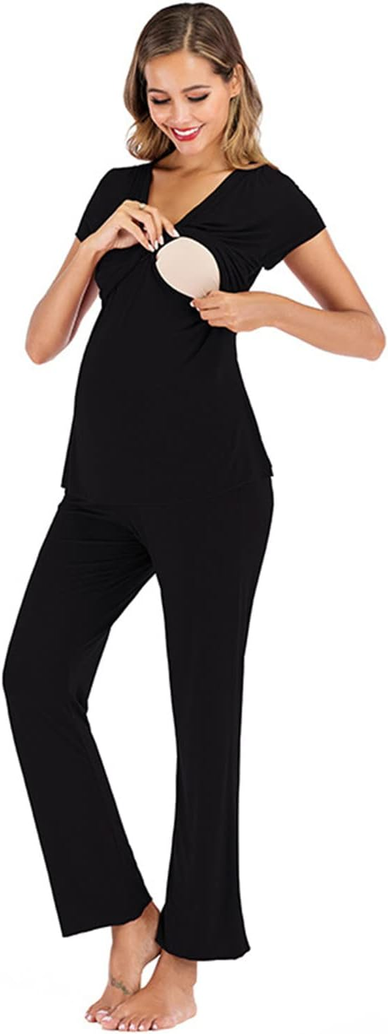 AIRMOOD Maternity Nursing Pyjamas Set, Super Soft V-Neck Short Sleeve Sleepwear Breastfeeding Loungewear Nursing Nightie Pjs for Pregnant Women, Maternity Clothing for Home Hospital