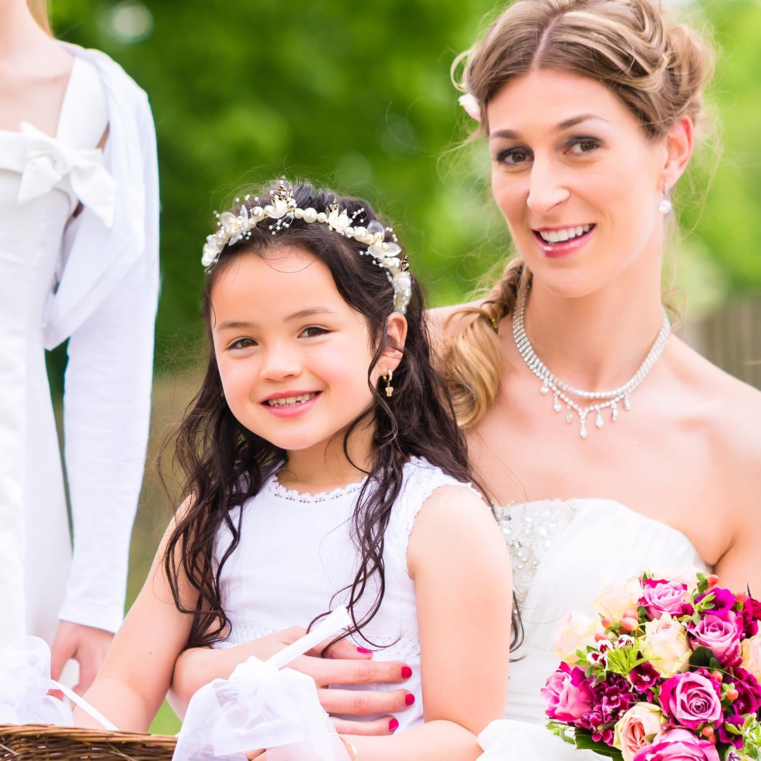 NQEUEPN Flower Girl Hair Accessories, 13.7 X 1.96 Inch Tiara Wedding White Children'S Hair Accessories Adjustable Girl Flower Headband with Pearls Flower Women'S Headband (Gold) image number 1