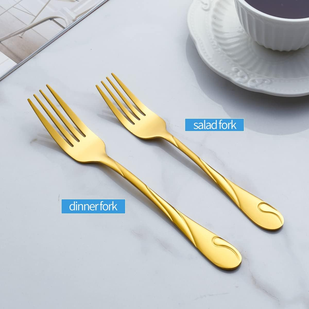 Gold Dinner Fork Set, Seeshine 7.8-Inch(19.8Cm) Stainless Steel Shiny Gold Metal Table Fork, 6 Pieces Kitchen Forks Silverware, Set of 6 - Black image number 3
