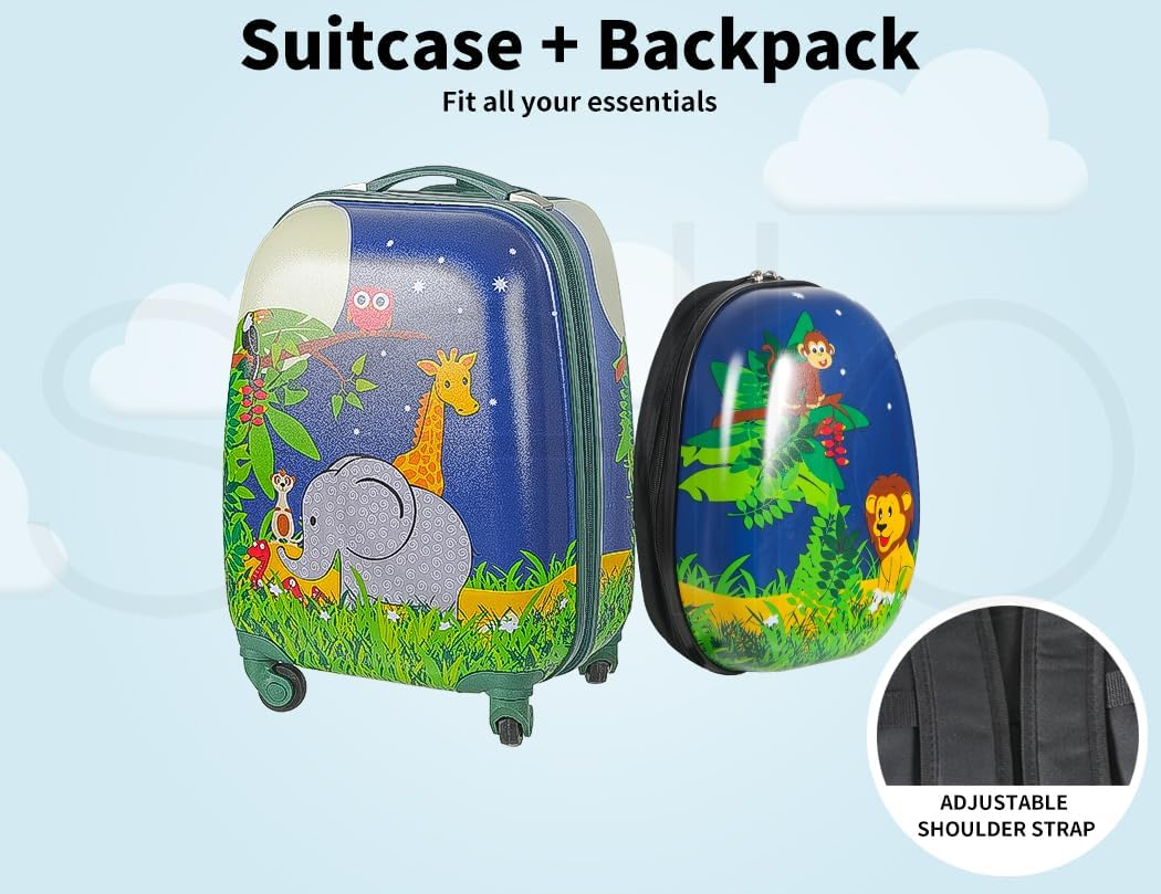 Bopeep 16''13'' 2PCS Kids Luggage Set Travel Suitcase Child Space Backpack Carry on Children Travel Rolling Trolley Suitcase, Retractable Handle, Lightweight Trolley Case for Boys Girls (Jungle) - Space Dino image number 6