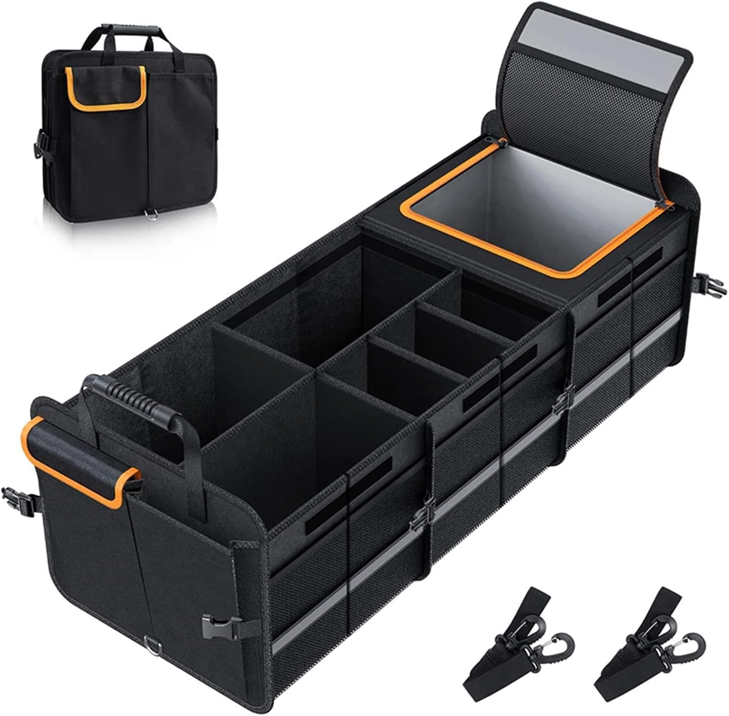 Large Trunk Organizer with Built-In Leakproof Cooler Bag,Car Organizers and Storage for SUV 4 Removable Dividers Collapsible Portable Non-Slip Bottom Tie down Strap,Car Accessories image number 2